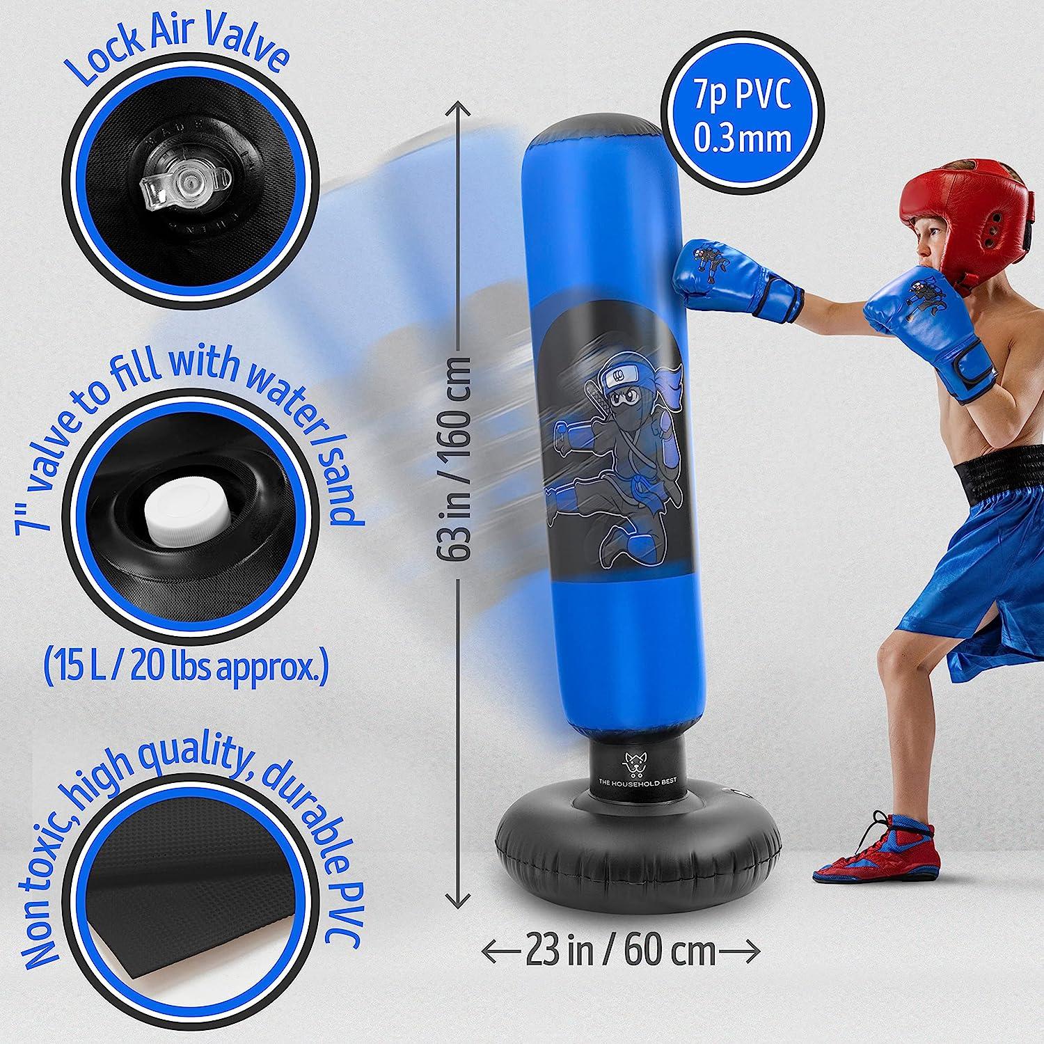 THB Inflatable Punching Bag for Kids, 63 Freestanding Ninja Boxing Bag  Including Electric Air Pump with Gloves for Practicing Karate, Taekwondo,  MMA Blue