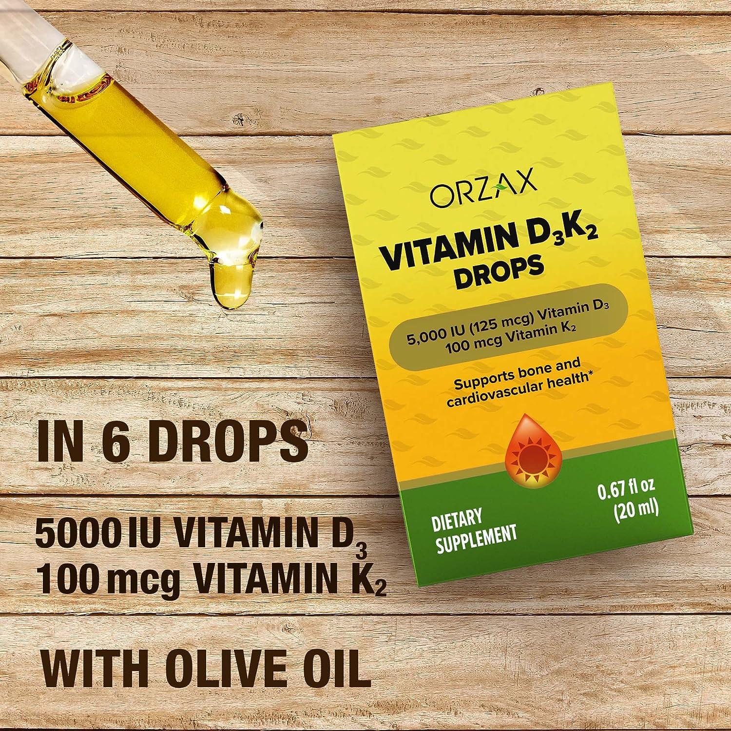 ORZAX Vitamin D3 K2 Drops 5000 IU MK-7 - 60 Days Supply - Bone, Muscle ...