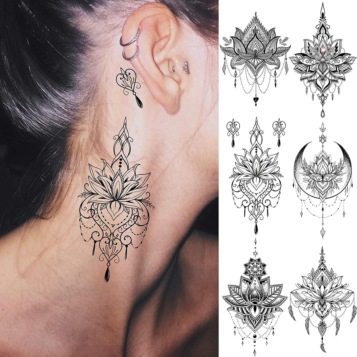 EGMBGM 15 Sheets Sexy Black Lotus Temporary Tattoos For Women Fake Jewelry  Indian Tribal Bohemia Lace Moon Moth Flowers Pendant Temp Tattoos Temporary  Sticker For Girls Arm Neck Chest Breast Tatoos Boobs