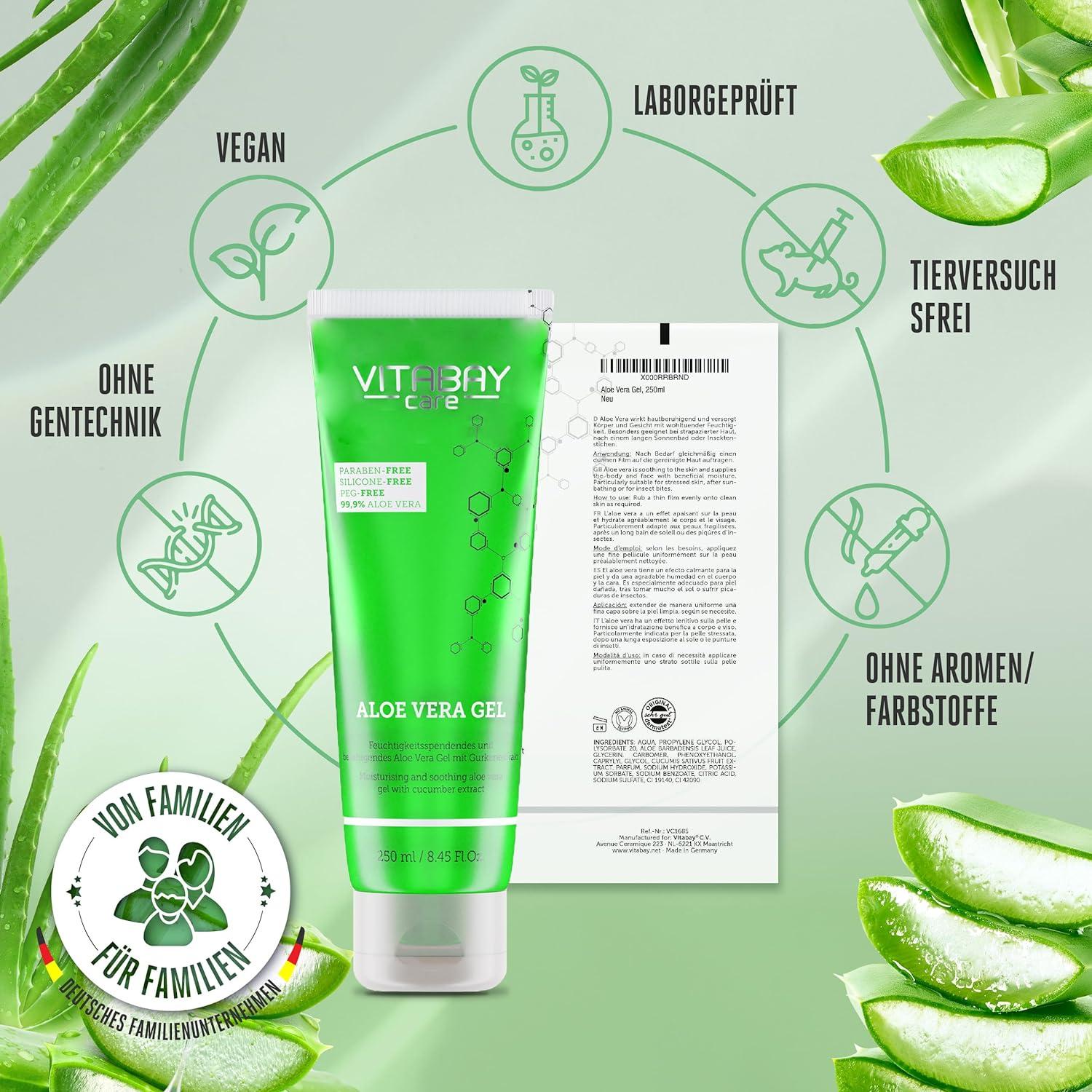 Vitabay Aloe Vera Gel 100% (99.9%) - 2x250ml After Sun Lotion & Sunburn  Relief - Natural Moisturizer for Men - Aloe Vera Juice Ointment