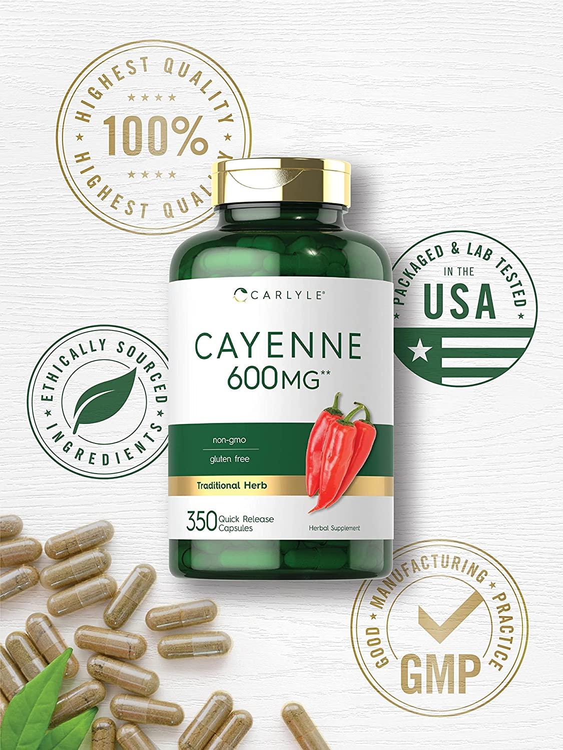 Cayenne Pepper Capsules 600mg 350 Pills NonGMO, Gluten Free Supplement by Carlyle