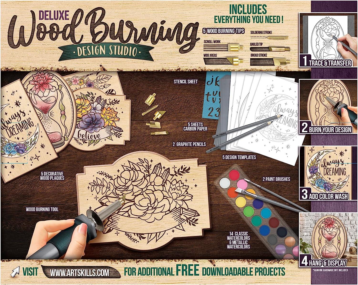 ArtSkills Wood Burning Kit for Beginners - Deluxe Pyrography Wood Engraving  Art Kit with Burner Pen, Stencils, Watercolor Paints - 48 Piece DIY Woodburning  Tool Kit for Adults and Kids