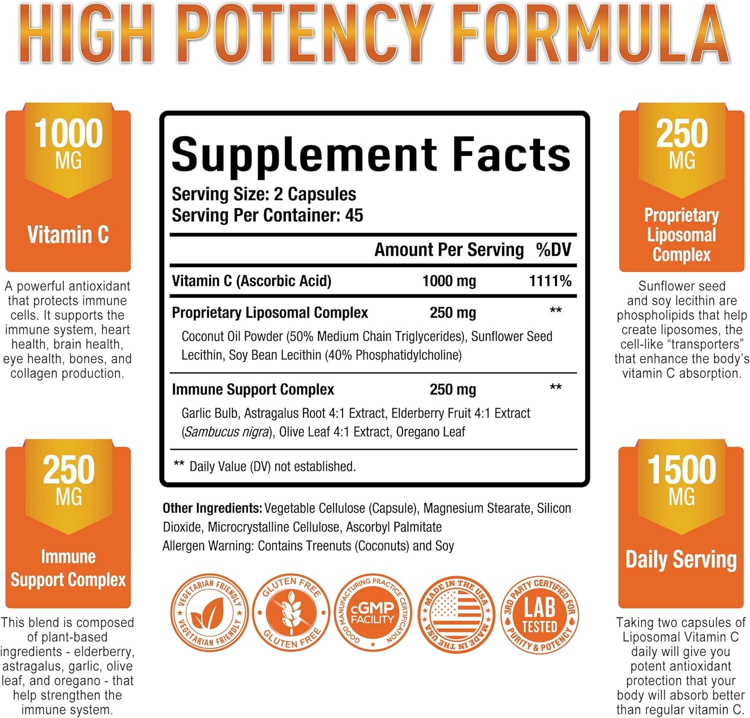 Premium Liposomal Vitamin C 1000mg Supplement for Immune Support - 90  Capsules | High Absorption Fat Soluble Ascorbic Acid for Collagen Boost and  Immune System - Non-GMO