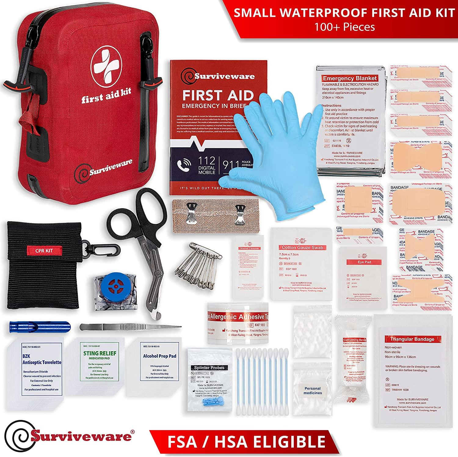 SURVIVEWARE 100Piece Small Waterproof First Aid Kit for Cars, Boats