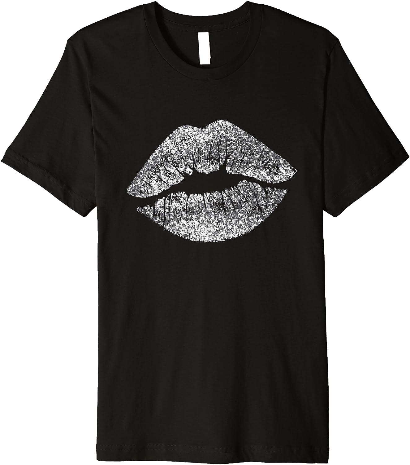 Sexy Silver Glitter Lips Kiss Me Love Makeup Lipstick Shirt