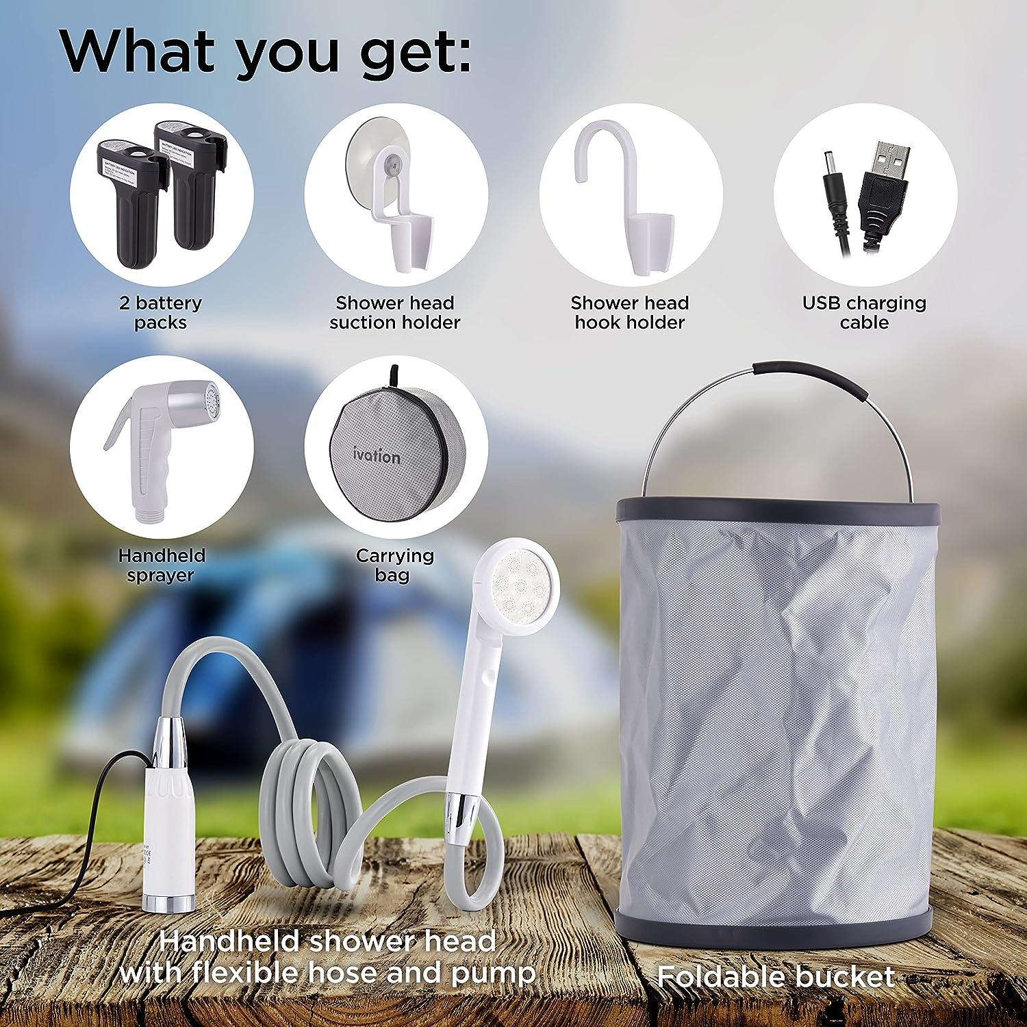 Ivation Portable Camping Shower Kit  All-in-One Compact Outdoor Bath Set  with Tiltable Shower Head, 6Ft Hose, Detachable Bidet Sprayer, Collapsible  Water Bucket, Carry Case, 2 Battery Packs & Charger
