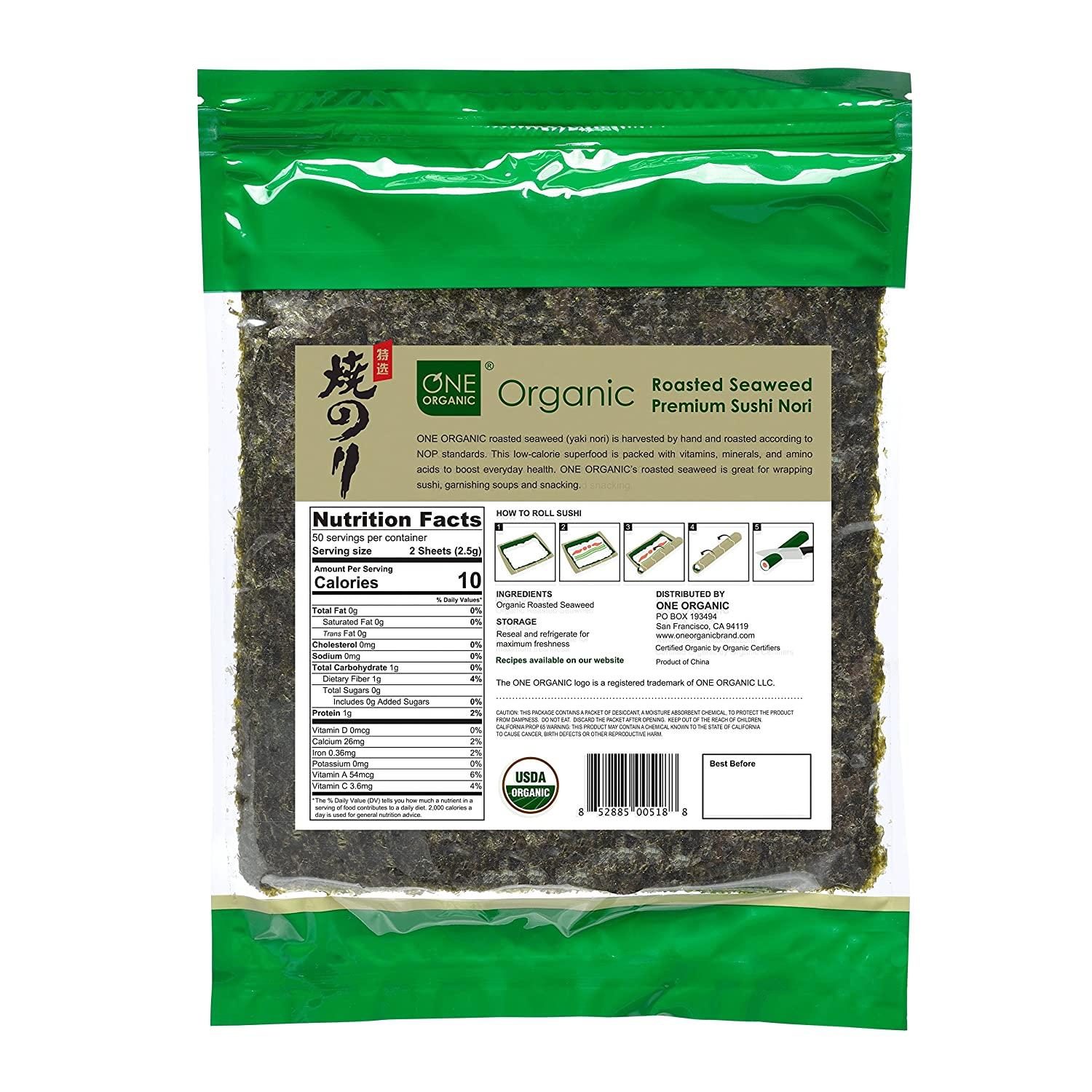 ONE ORGANIC Sushi Nori Premium Roasted Organic Seaweed (50 Full Sheets