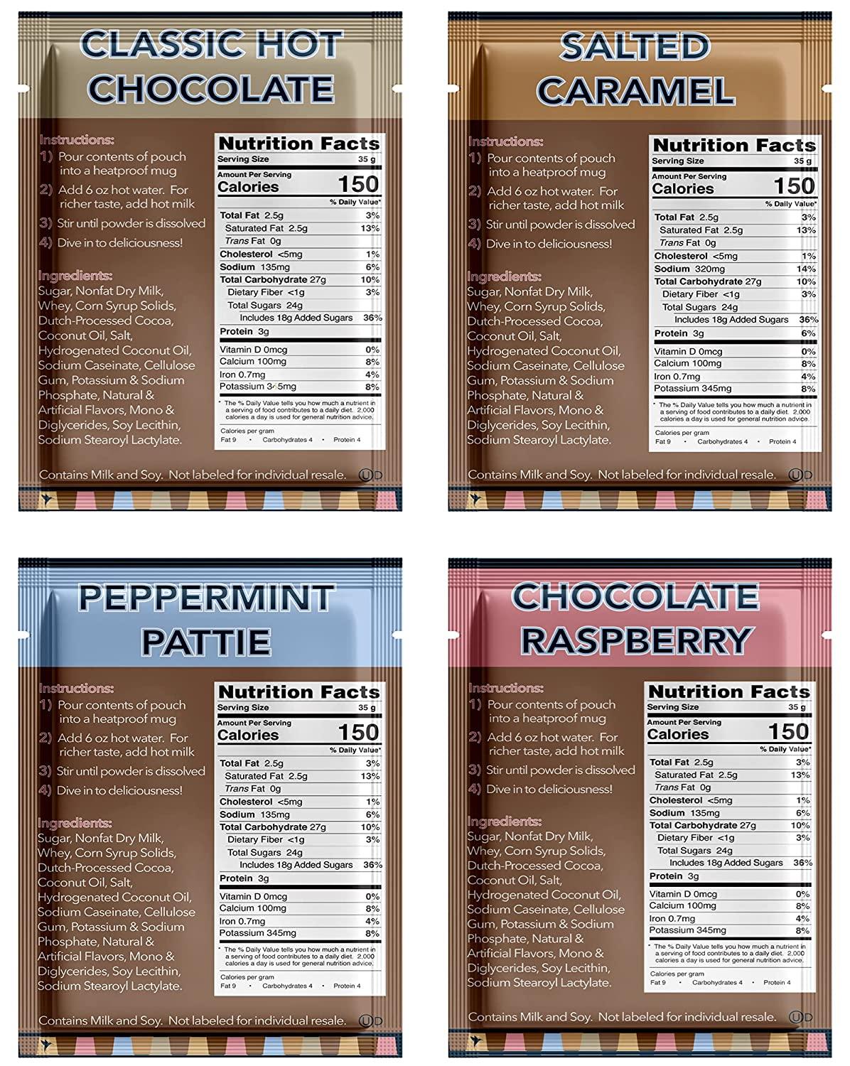 Gourmet Flavored Hot Chocolate Packets Classic Chocolate, Raspberry