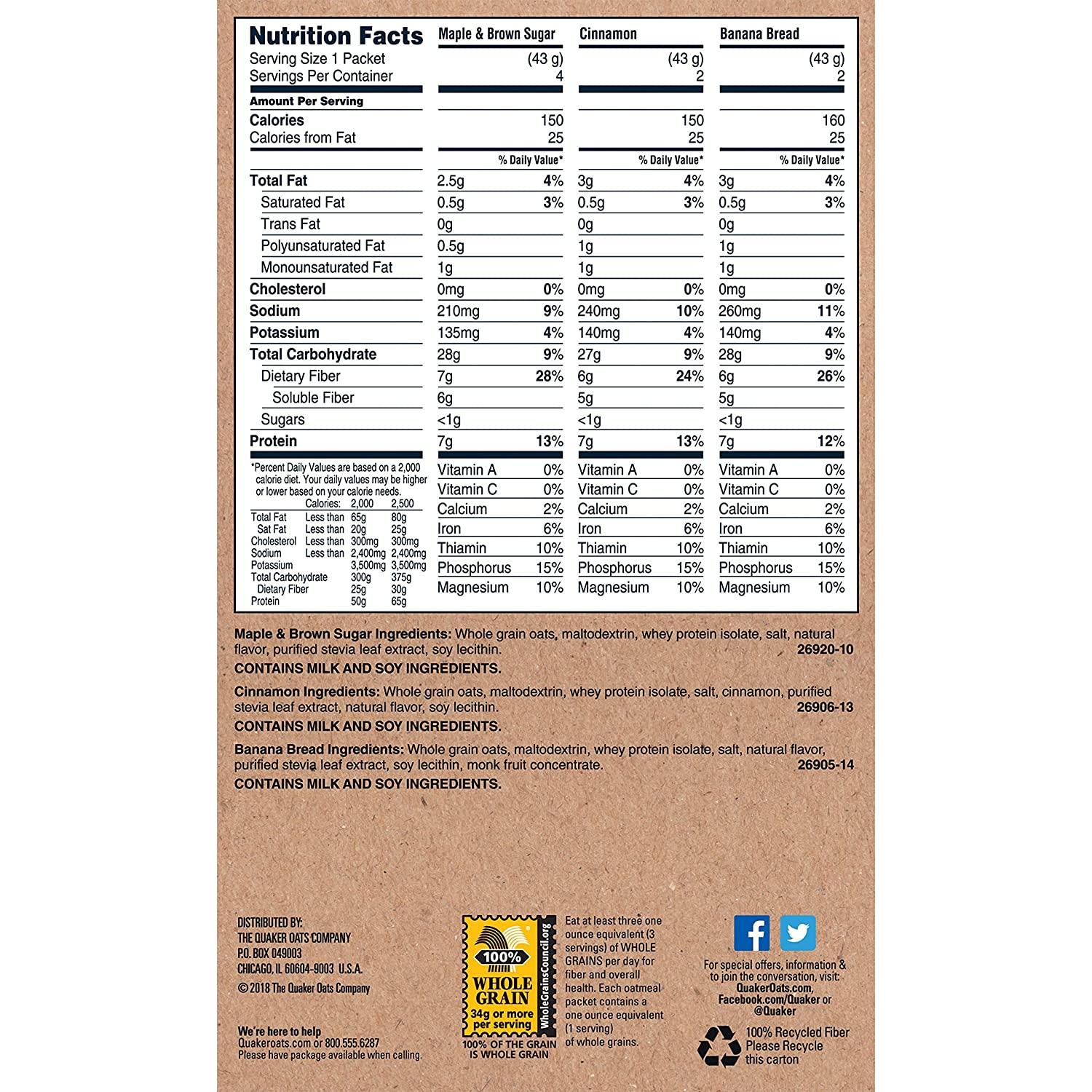 Quaker Instant Oatmeal, Fiber & Protein 3 Flavor Variety Pack, Individual Packets, 32 Count