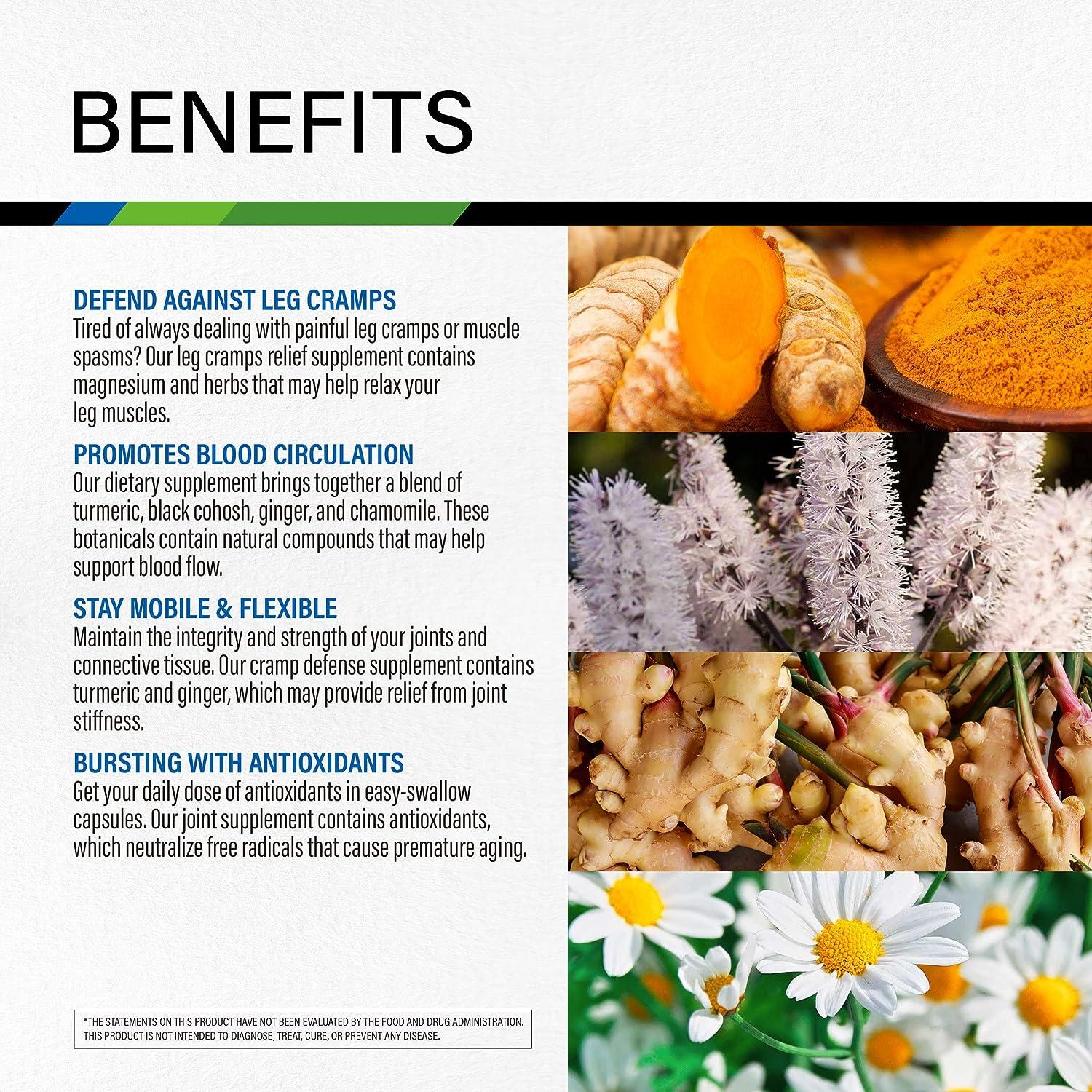 Leg Cramps Supplement Natural Nutritional Support with Magnesium Turmeric Black Cohosh Ginger