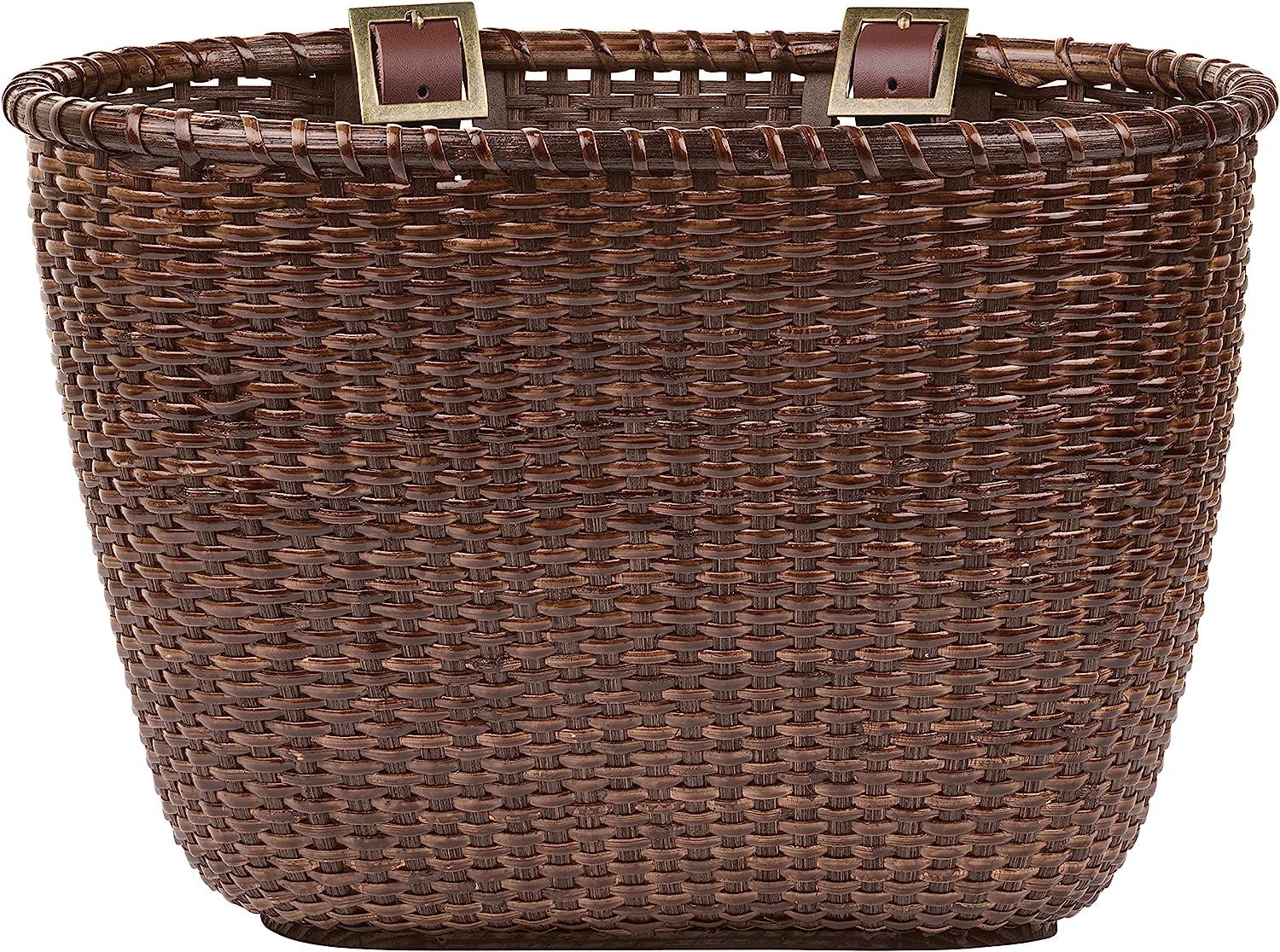 Retrospec Bicycle Cane Woven Rectangular Toto Basket with Authentic Leather Straps & Brass Buckles, Black