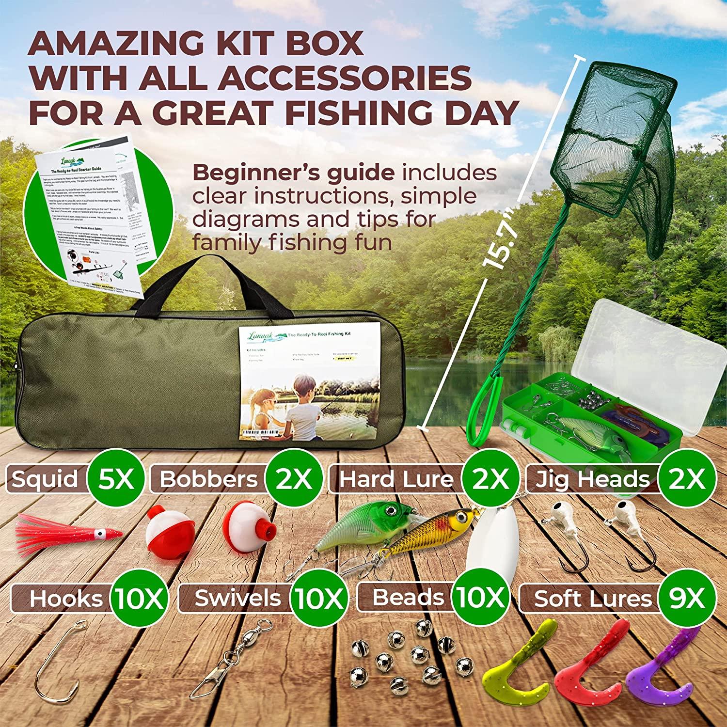 Lanaak Kids Fishing Pole and Tackle Box - with Net, Travel Bag, Reel and  Beginners Guide - Rod and Reel Kit for Boys, Girls, or Youth Green