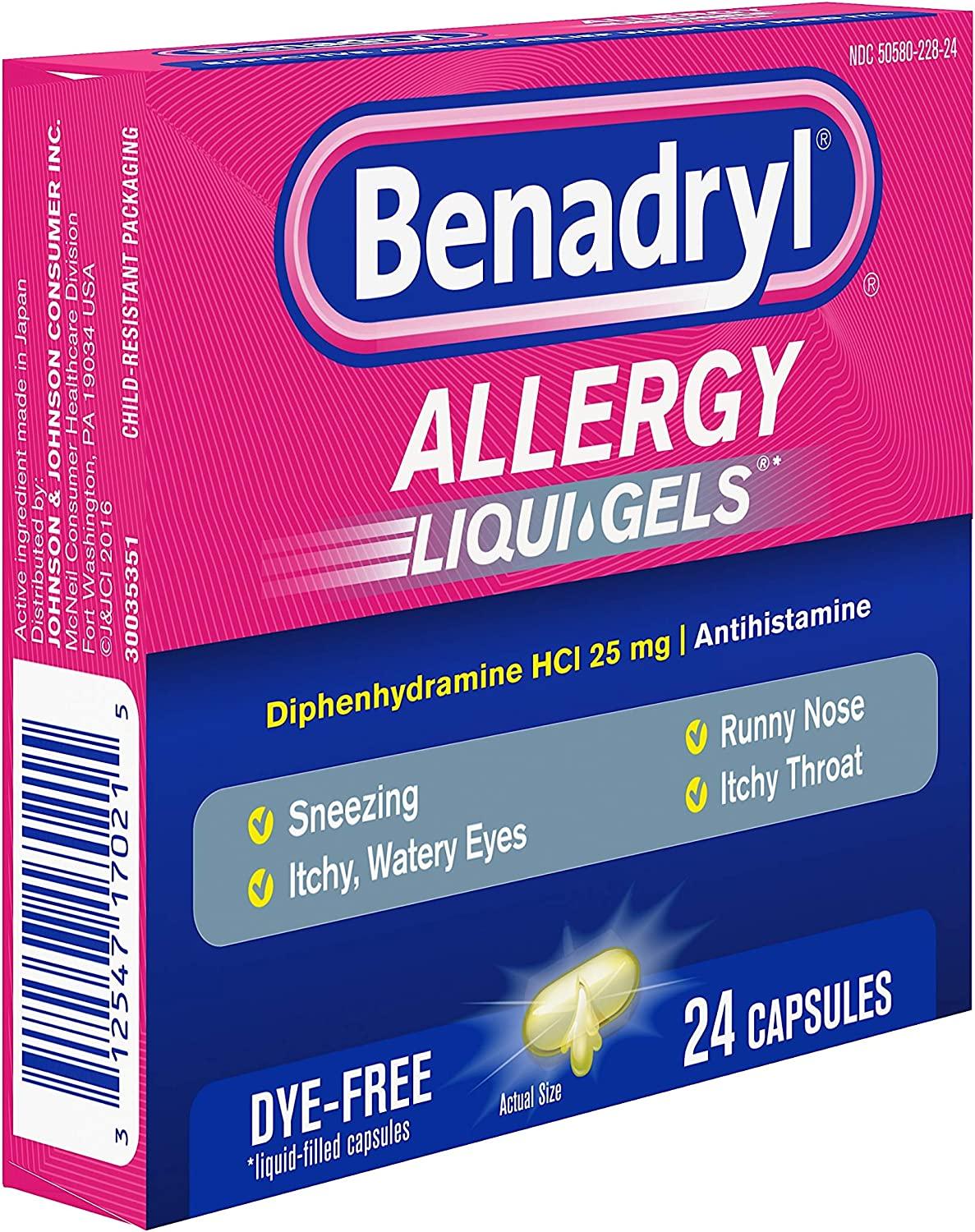 Benadryl LiquiGels Antihistamine Allergy Medicine & Cold Relief, Dye
