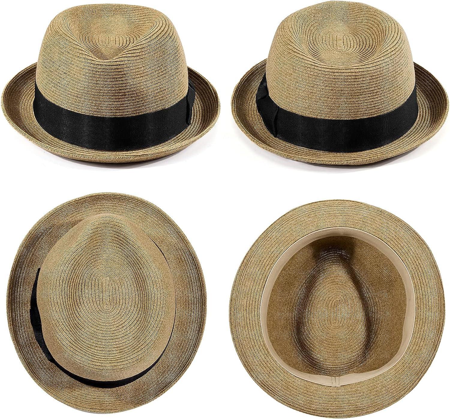 Joke Cordelia Agnes Gray AKIO&AQUIRAX Straw Fedora Hats with Short Brim Trilby Paper Straw Sun Hats  for Men Women Summer Sun Hat with Adjustable Strap Dark1 Medium