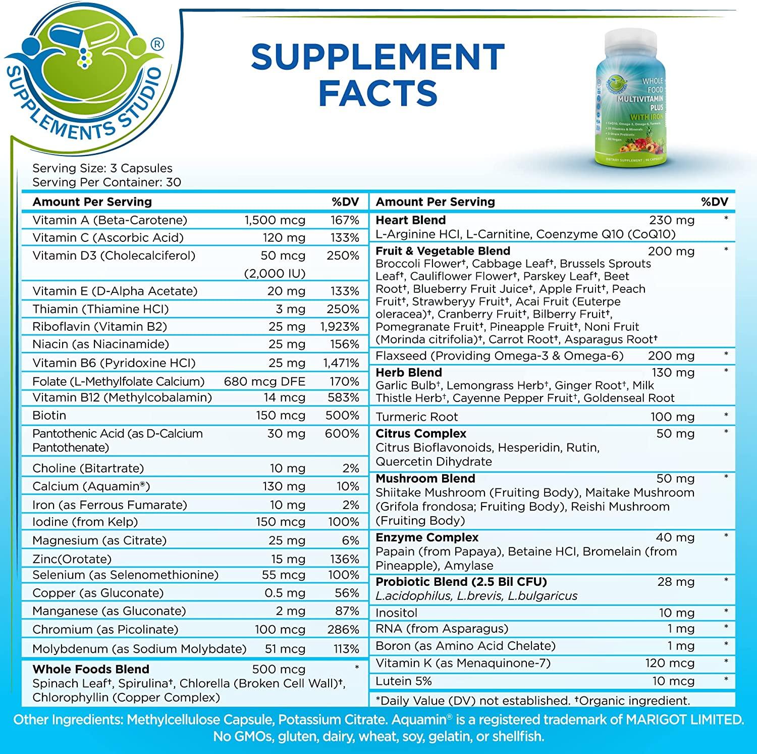 Whole Food Multivitamin Plus with Iron Daily Vegan Multivitamin for