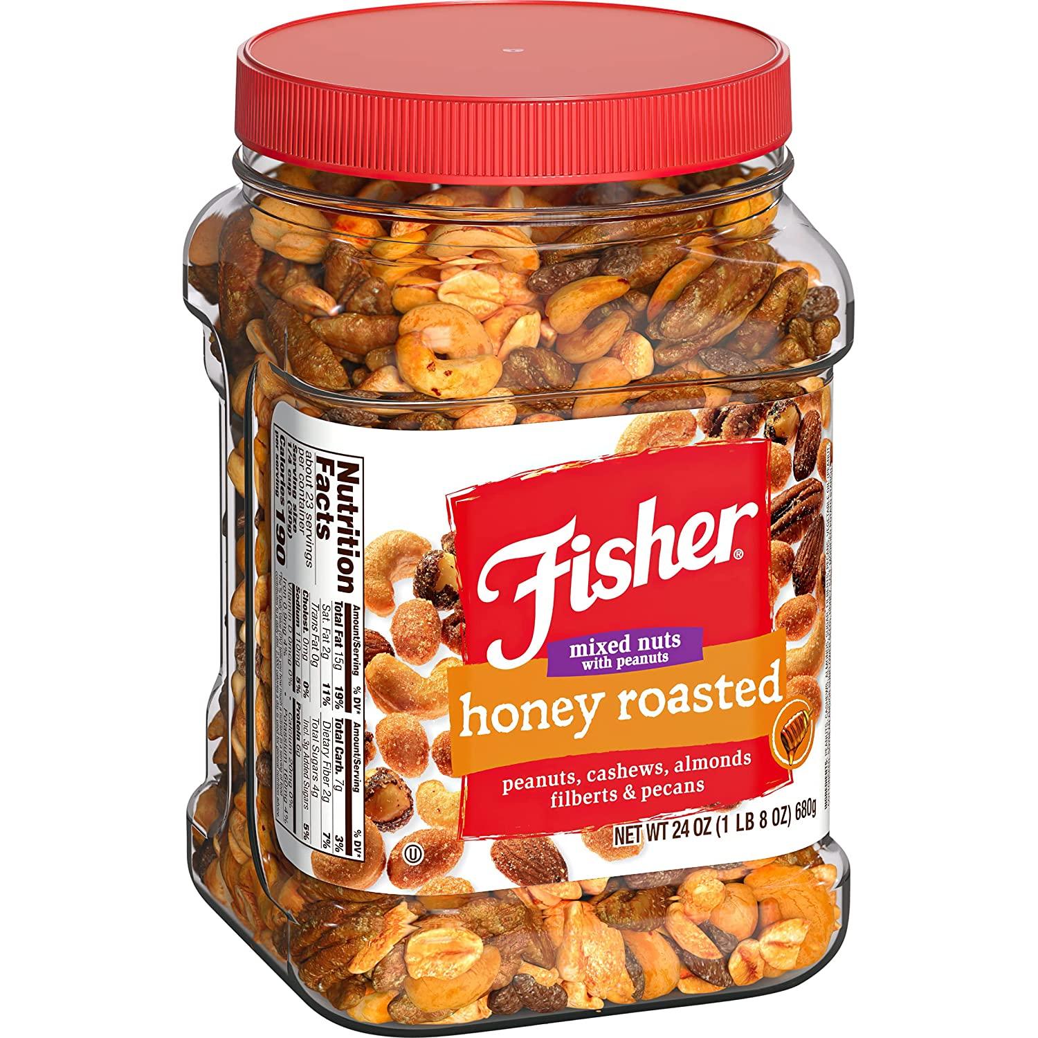 Fisher Snack Honey Roasted Mixed Nuts 24oz Peanuts, Cashews, Almonds, Filberts, Pecans 1.5lb
