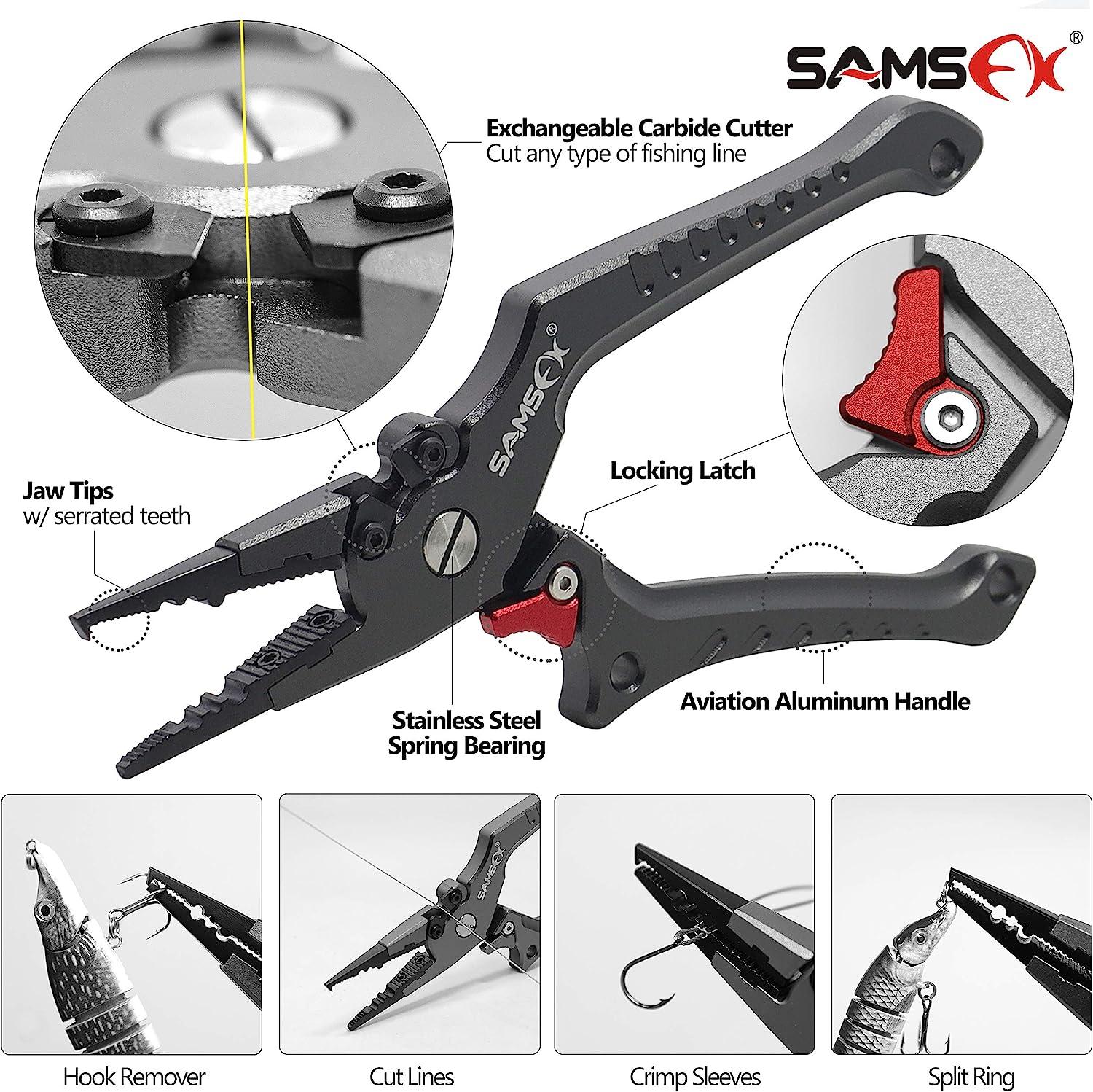 SAMSFX Aluminum Fishing Pliers Hook Remover Braid Line Cutter with Coiled  Lanyard, Fly Fishing Knot Tying Tool & Retractors 7'' Split Ring Nose, Gray  Handle