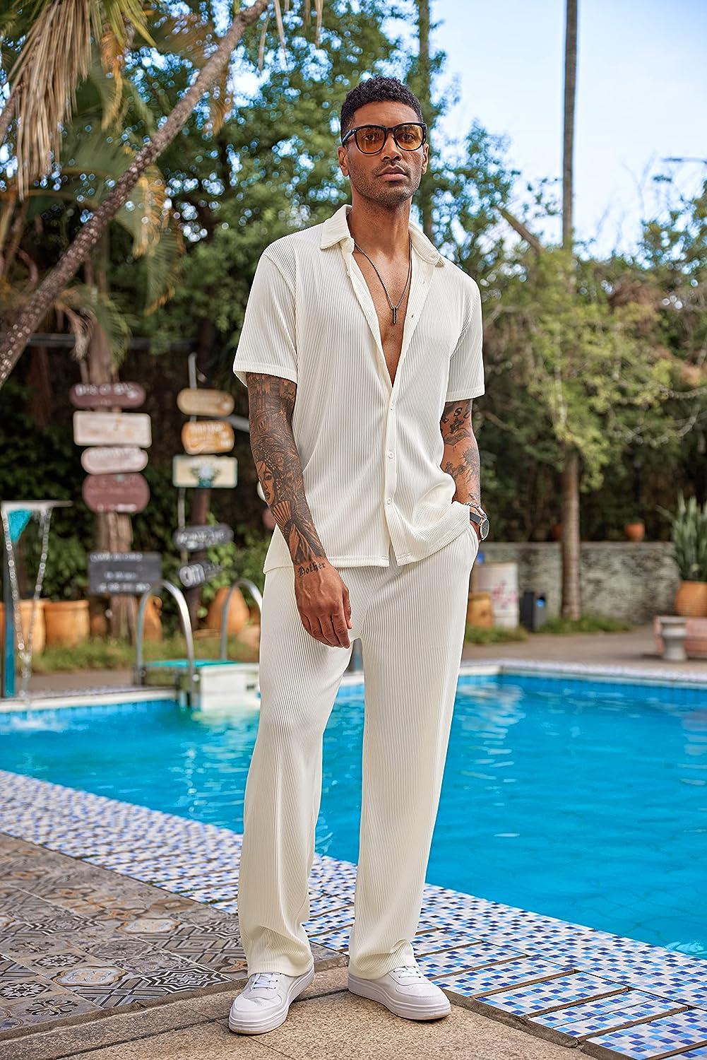 COOFANDY Men's 2 Piece Outfit Casual Short Sleeve Button Down Shirt Beach  Summer Loose Pant Sets Beige Medium