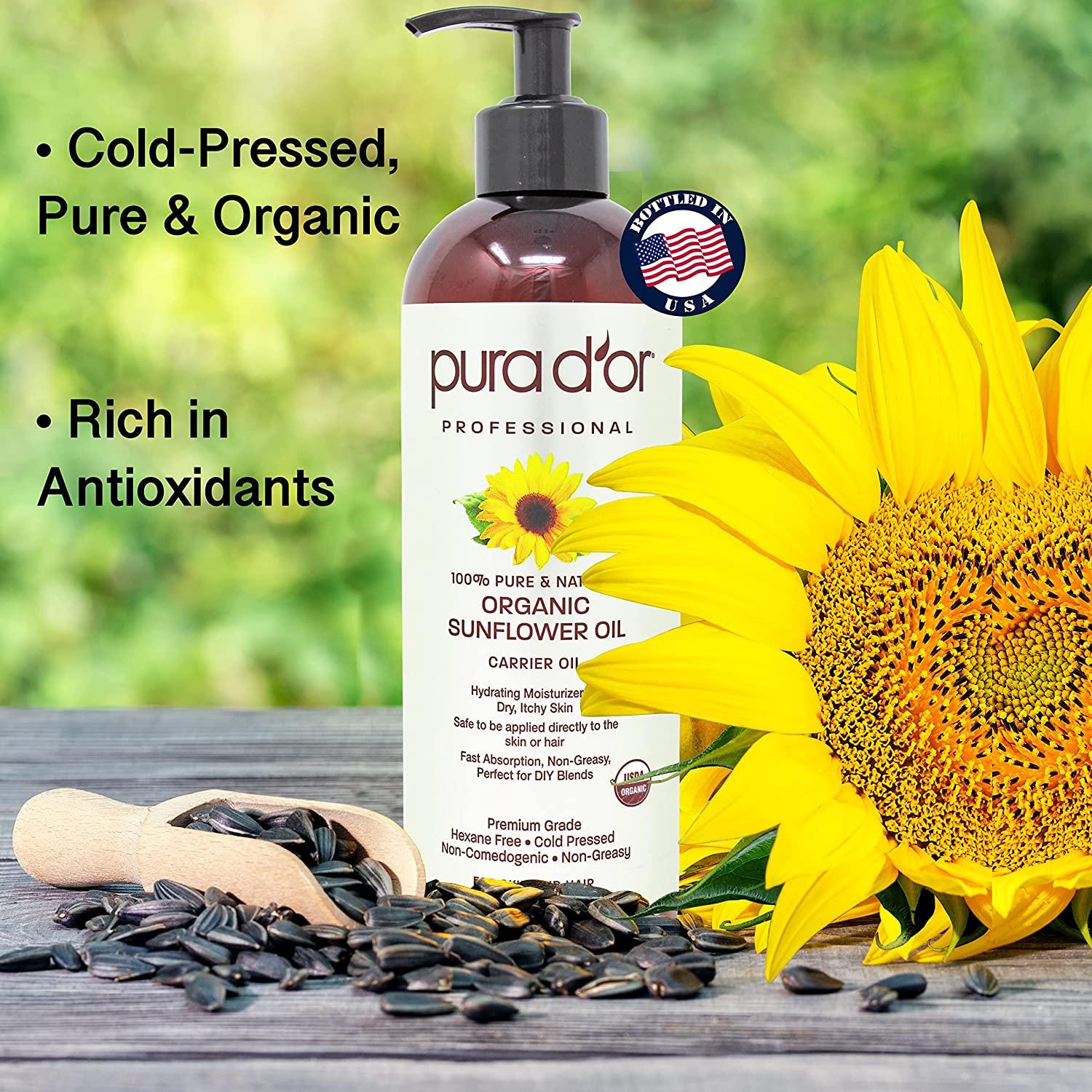 PURA D'OR Organic Sunflower Seed Oil (16oz) USDA Certified 100