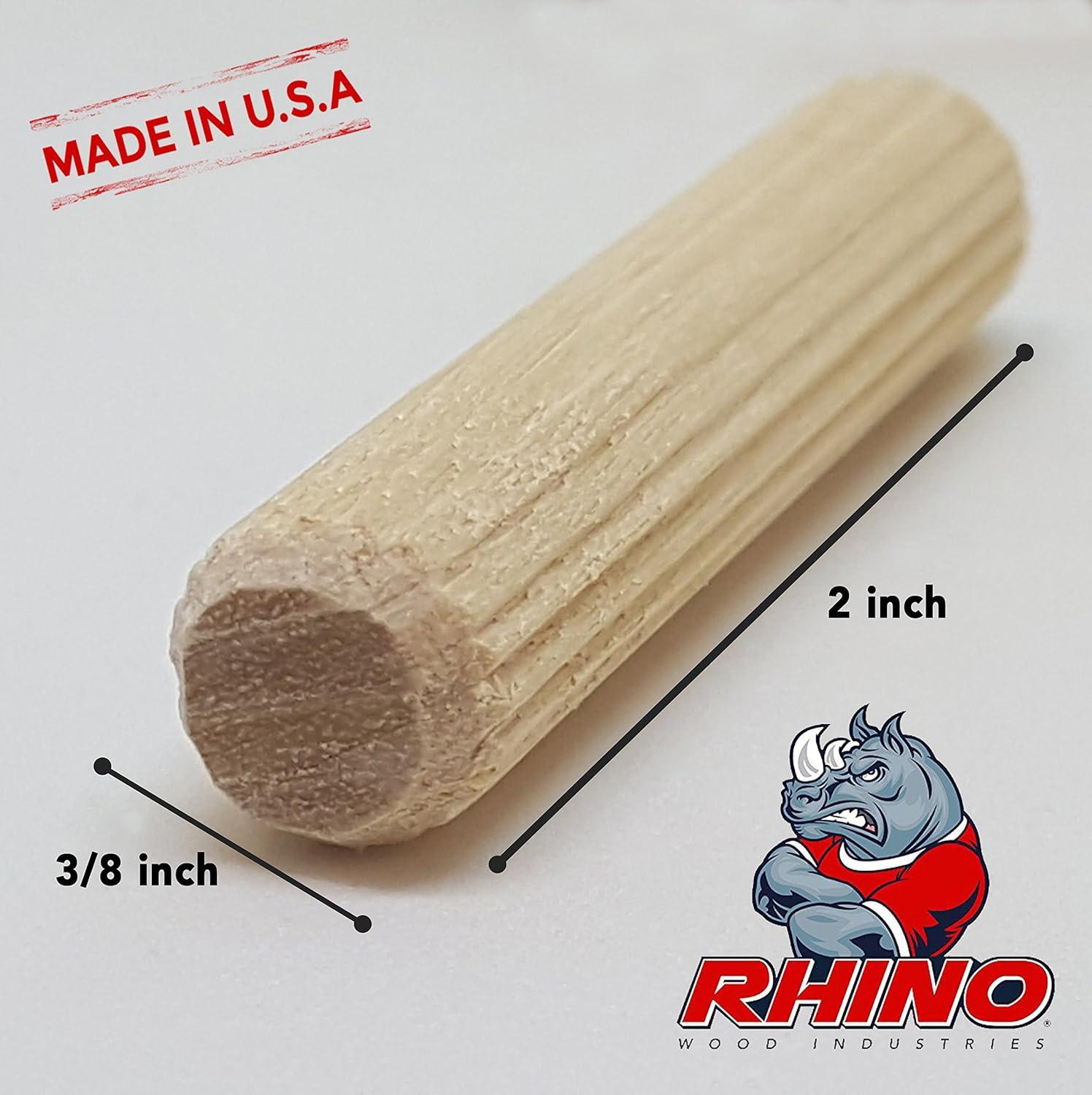 Rhino Wood Industries 100 Pack 1/2 x 2 Wooden Dowel Pins Wood Kiln Dried Fluted and Beveled, Made of Hardwood in U.S.A.
