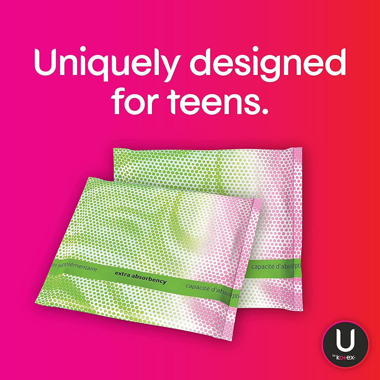 U by Kotex Teen Ultra Thin Feminine Pads with Wings, Extra Absorbency,  Unscented, 56 Count (4 Packs of 14) (Packaging May Vary)