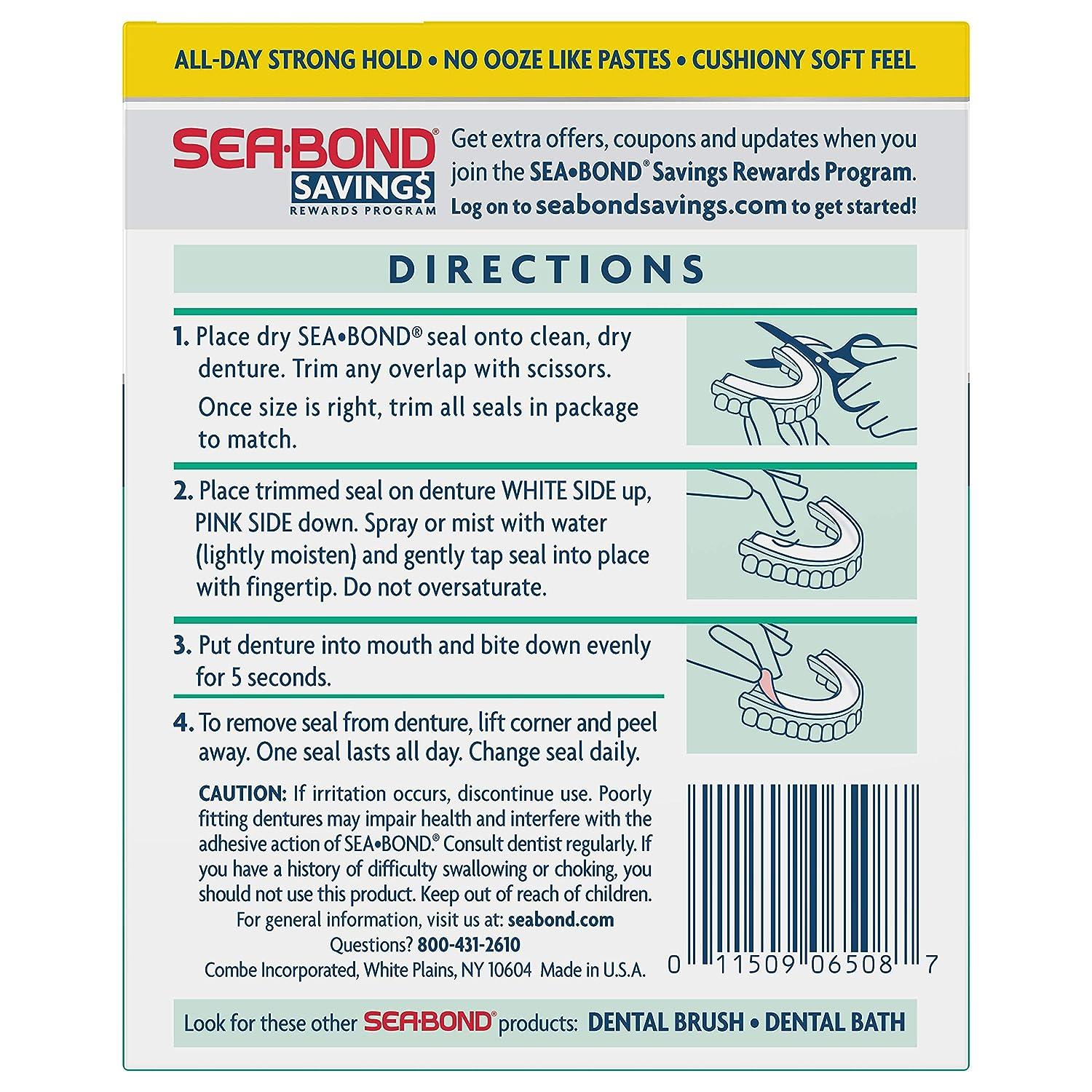 Sea Bond Upper Secure Denture Adhesive Seals, For an All Day Strong Hold,  Fresh Mint Flavor Seals, 30 Count, 4 Pack 