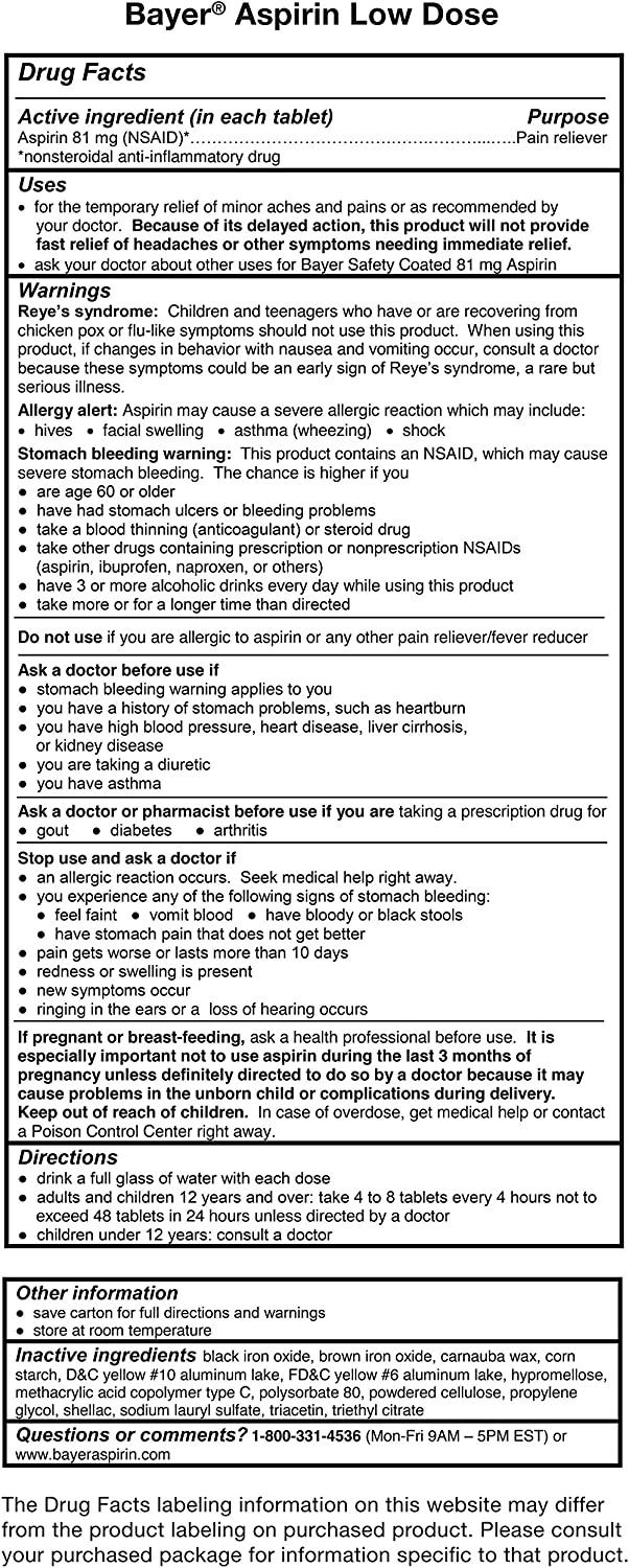 Bayer Low Dose Safety Coated Aspirin 81 mg 400 Count Pack 1 Bottle