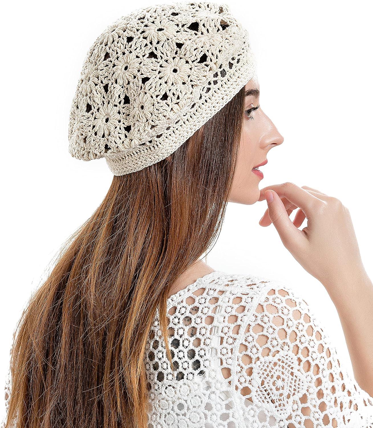 ZLYC Handmade Cotton Slouchy Crochet Beret with Cutout Floral