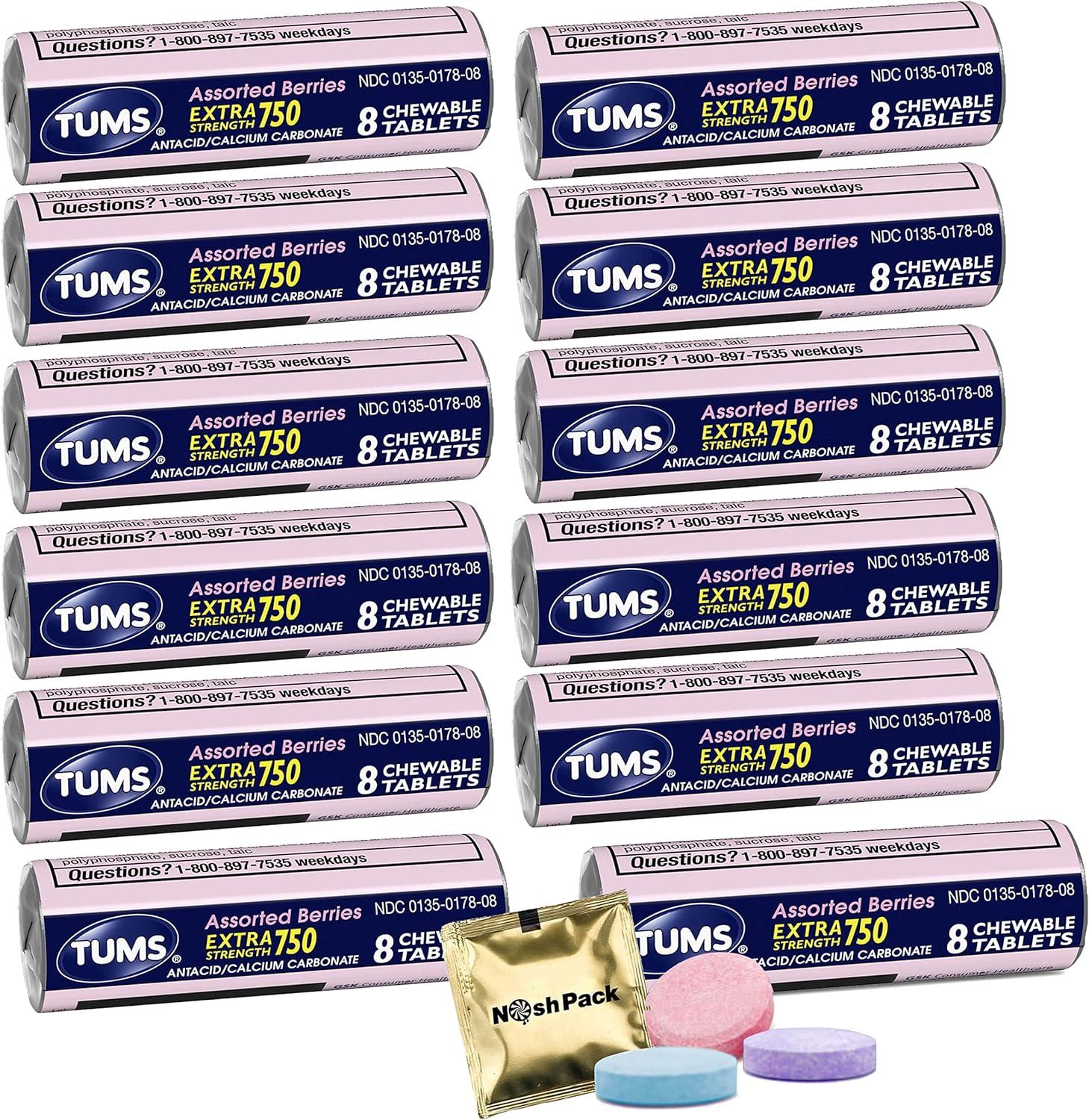 Tums Antacid Chewable Tablets for Travel 12 Rolls Extra Strength Fast
