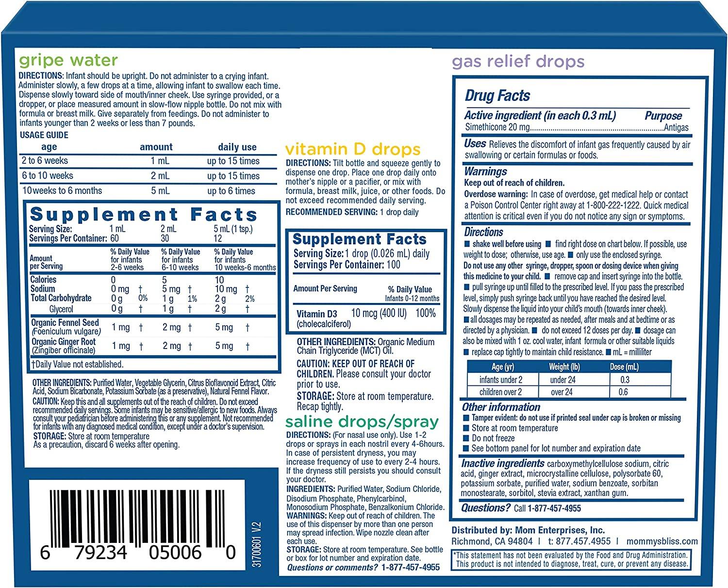Mommy's Bliss Newborn Essentials Gift Set Gripe Water, Vitamin D Drops, Gas Drops, & Gentle
