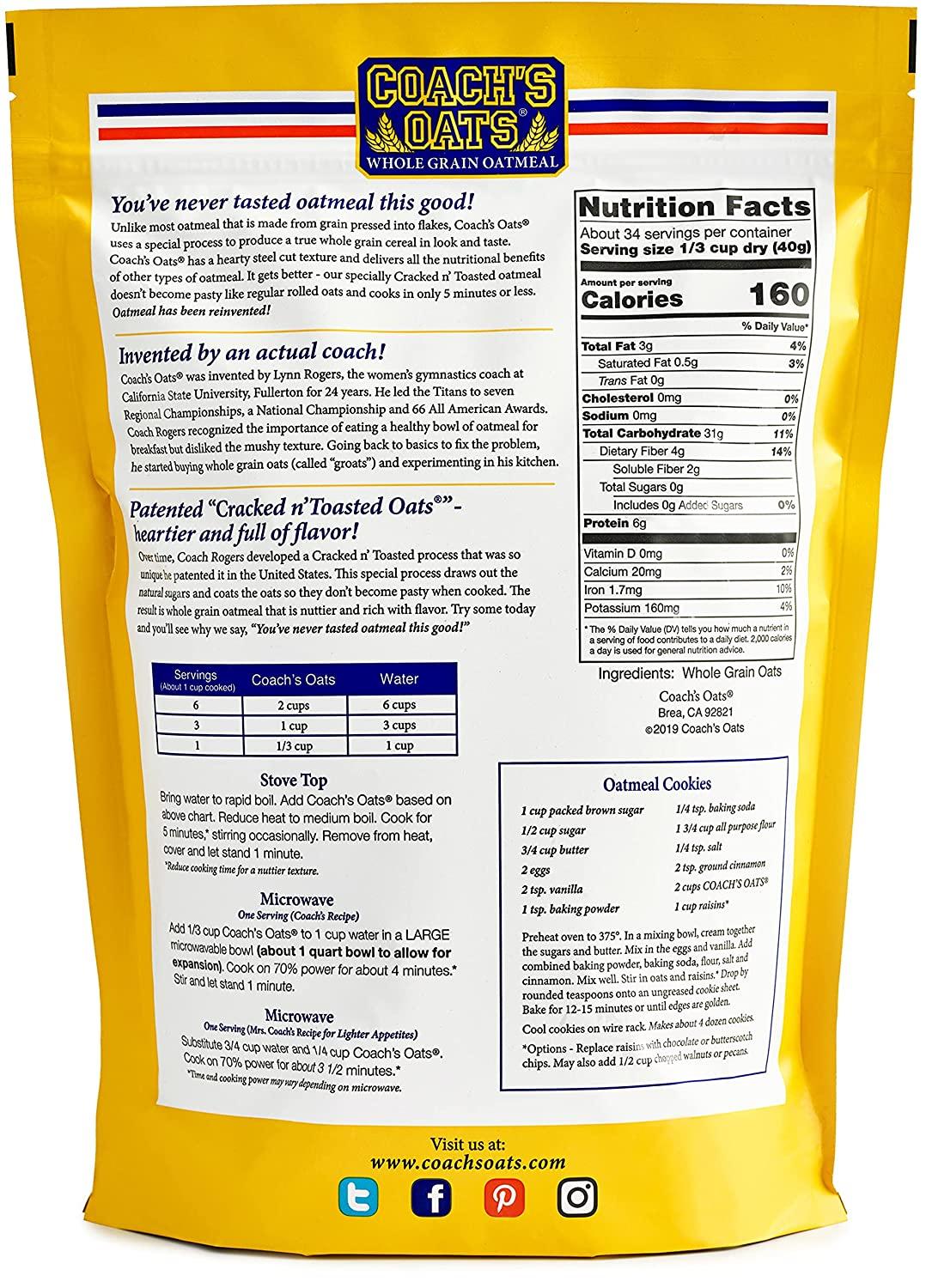 Coach's Oats 100 Whole Grain Oatmeal, 3 Pound