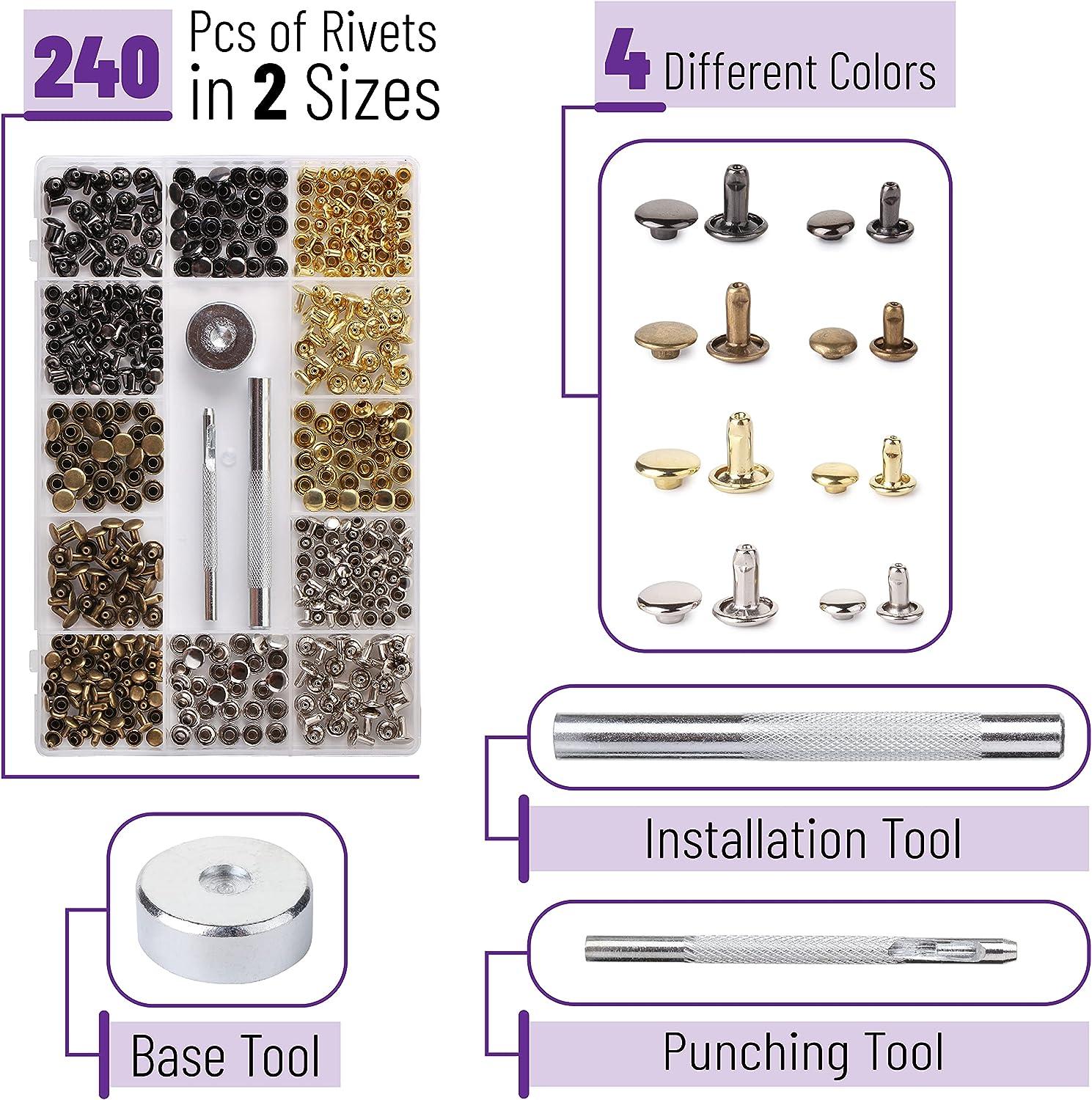 UNCO- Leather Rivets Kit 4 Colors 2 Sizes 240 pcs Tubular Metal Studs with  Fixing Tools Double Cap Rivets Rivets for Leather Rivets for Fabric Leather  Hardware Supplies.