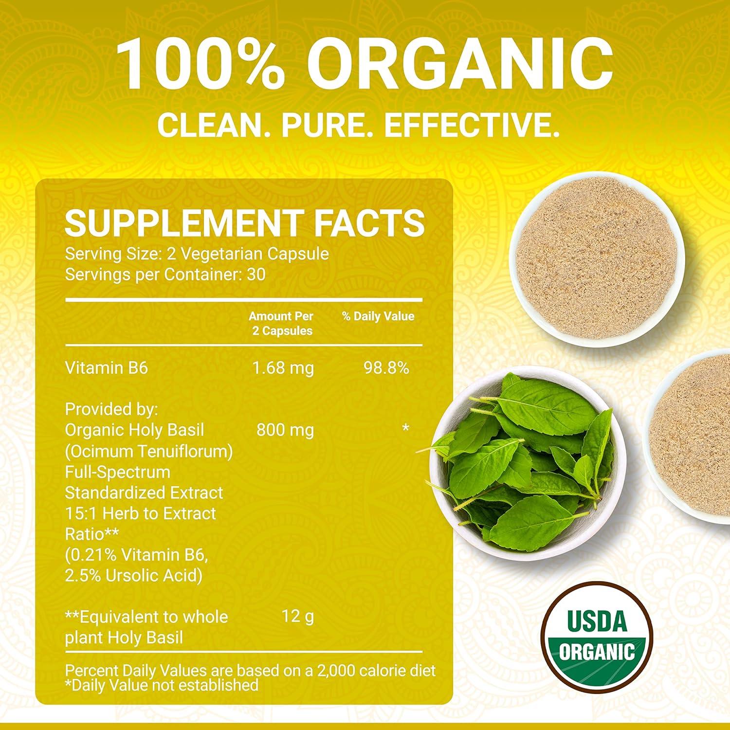 Holy Basil Capsules USDA Organic Vitamin B6 High Strength with 2.5