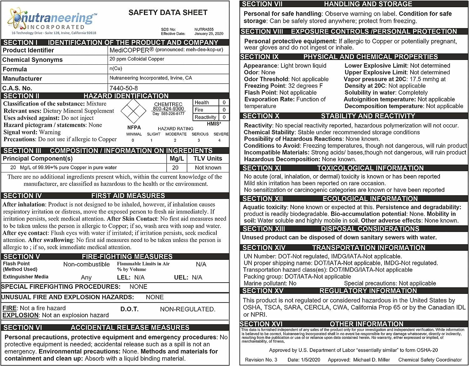 MediCOPPER True Colloidal Copper Dietary Supplement 1 US Gallon in