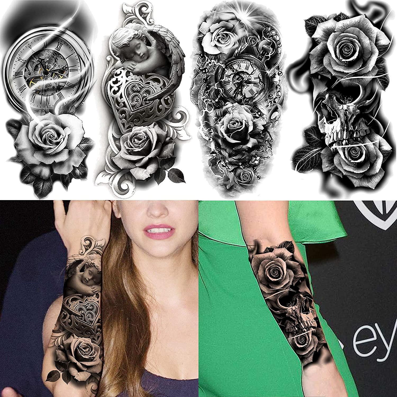 VANTATY 22 Sexy Rose Flower Temporary Tattoos for Women Large Black