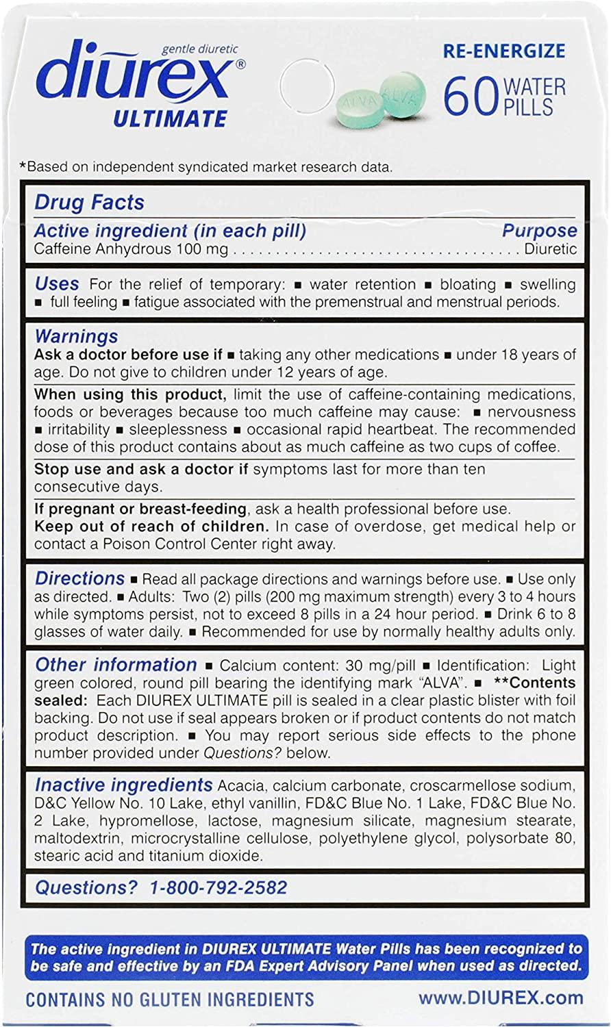 Diurex Ultimate Re Energizing Water Pills Maximum Strength Diuretic Relieve Water Bloat 60 Count