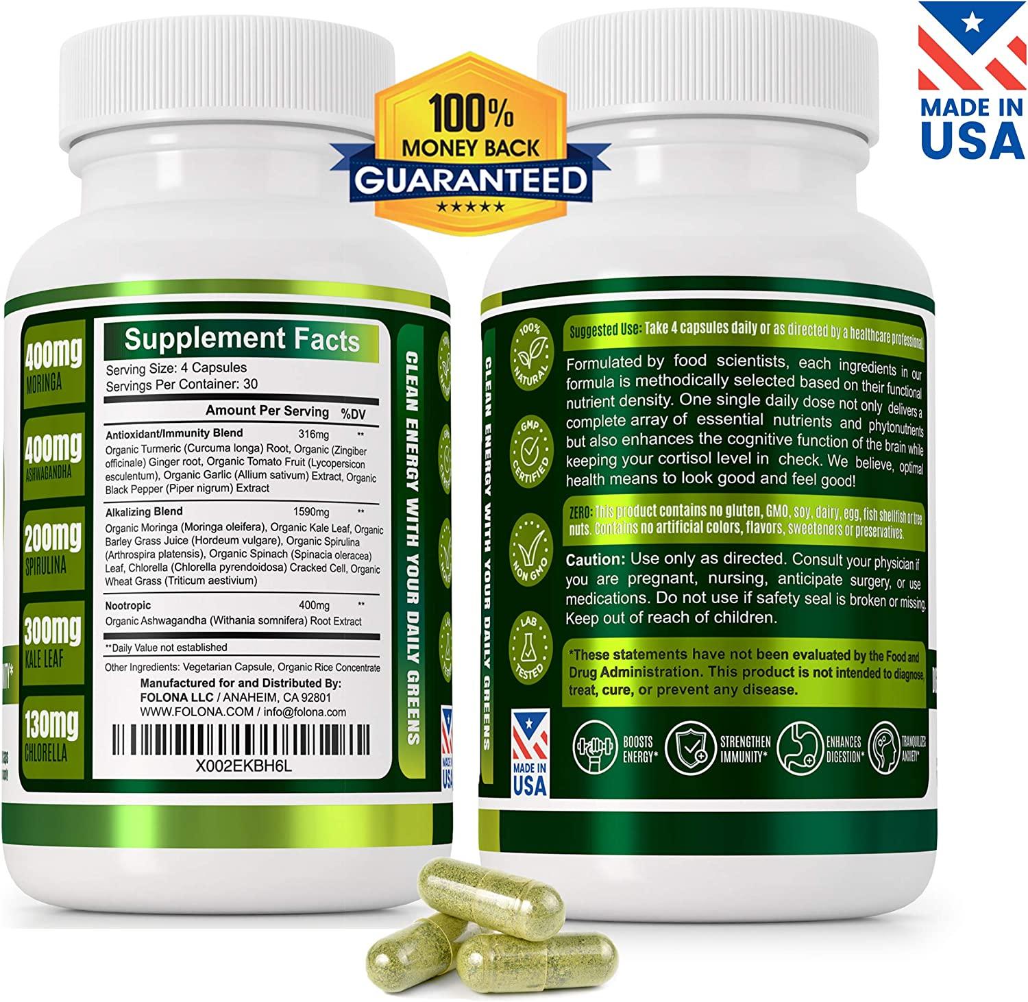 Organic Vegan Super Greens Capsules with Ashwagandha Immune Support
