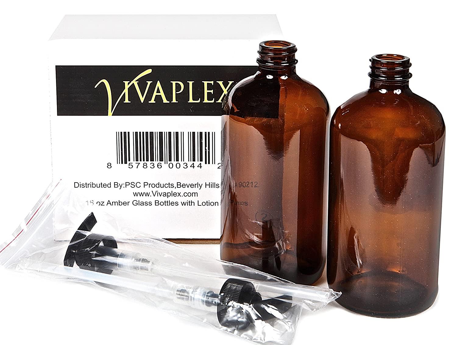 Vivaplex 2 Large 16 oz Empty Amber Glass Bottles with Black Lotion Pumps