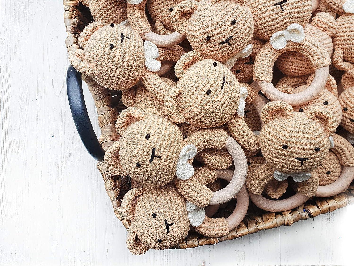Crochet Teddy Bear Teether Rattle on Wooden Teething Ring - Forest ...