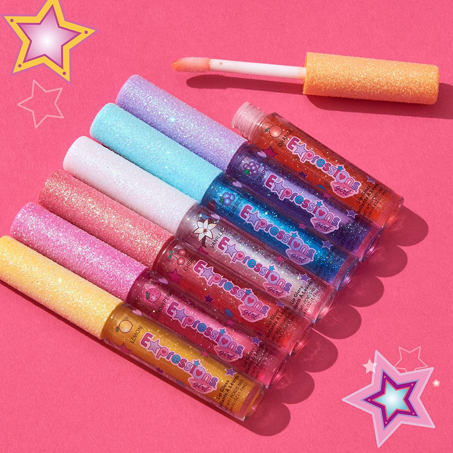 Expressions Kids Teen Girls Ladies & Womens 7 Piece Lip Gloss Wand Set,  Glittery Fruity Flavors, Ages 5+ Fruity Flavors, Non Toxic, Kid Friendly,  Party Gift, Best Friend 7 Count (Pack of 1)