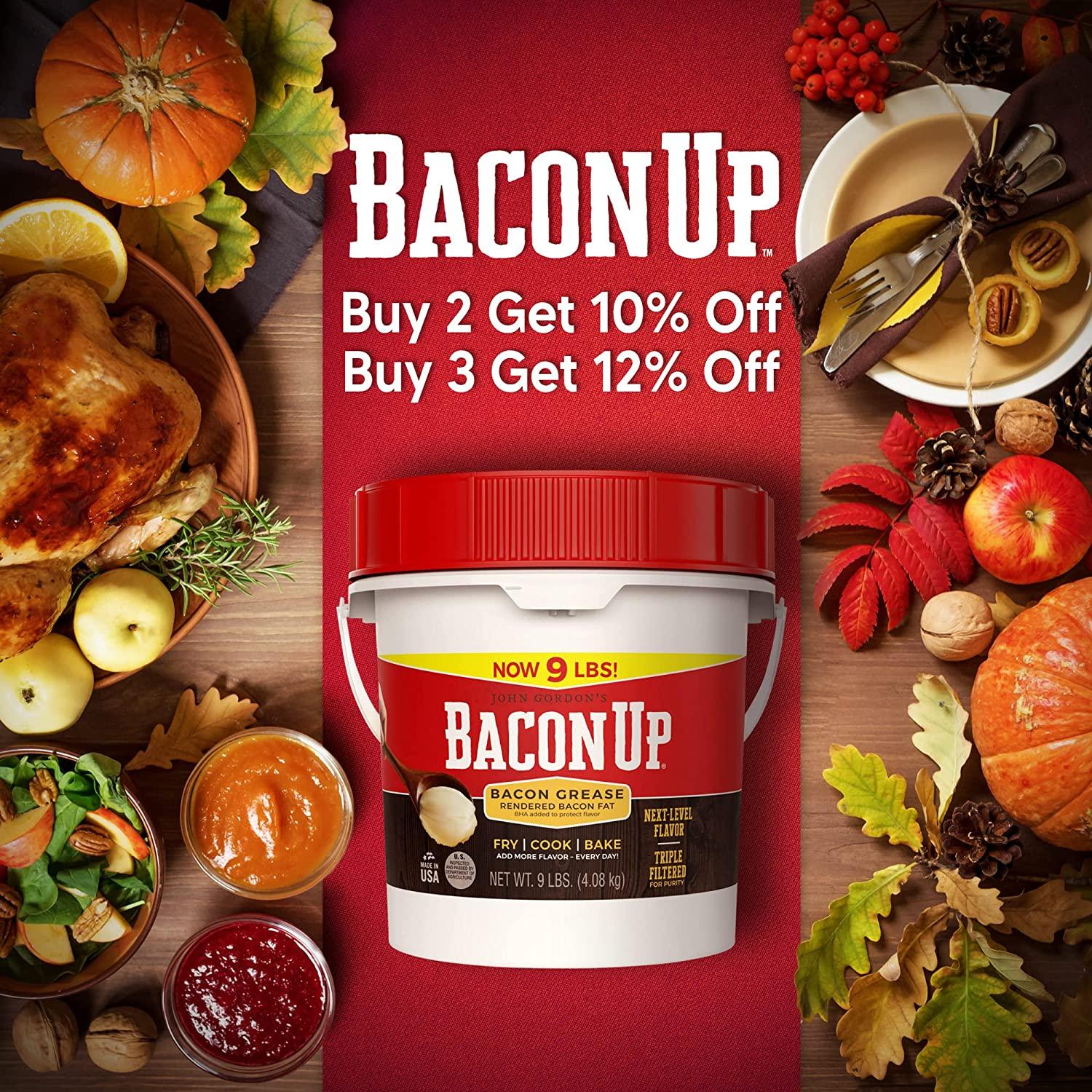 Bacon Up Bacon Grease for Cooking - 9lb Pail of Authentic Bacon Fat for Cooking Frying and Baking - Triple-Filtered for Purity N