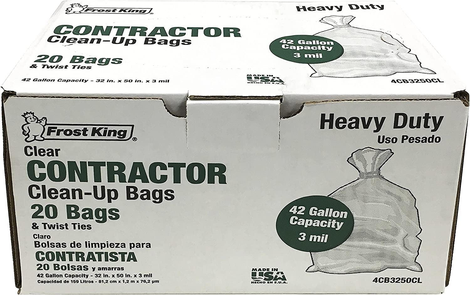 Frost King CB3250 Boxed Heavy Duty Contractor Clean-Up Bags, 32 inch x 50  inch x 3 Mil., 20 Bags, Clear