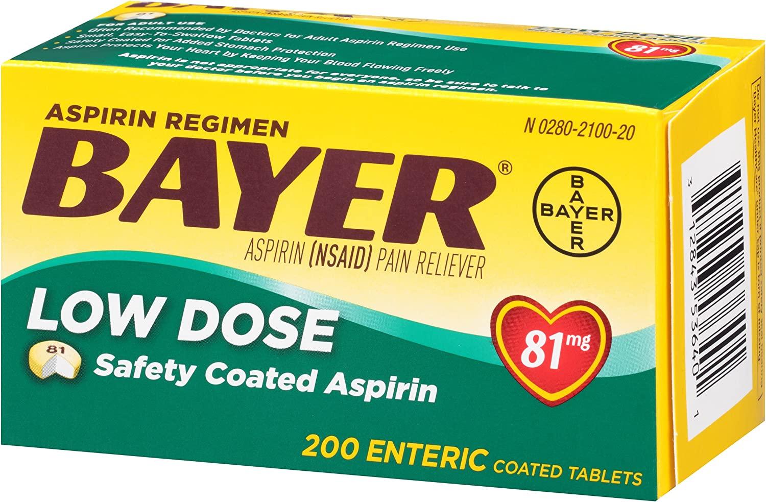 Bayer 81mg Enteric Coated Aspirin Tablets 200 Count Pain Reliever