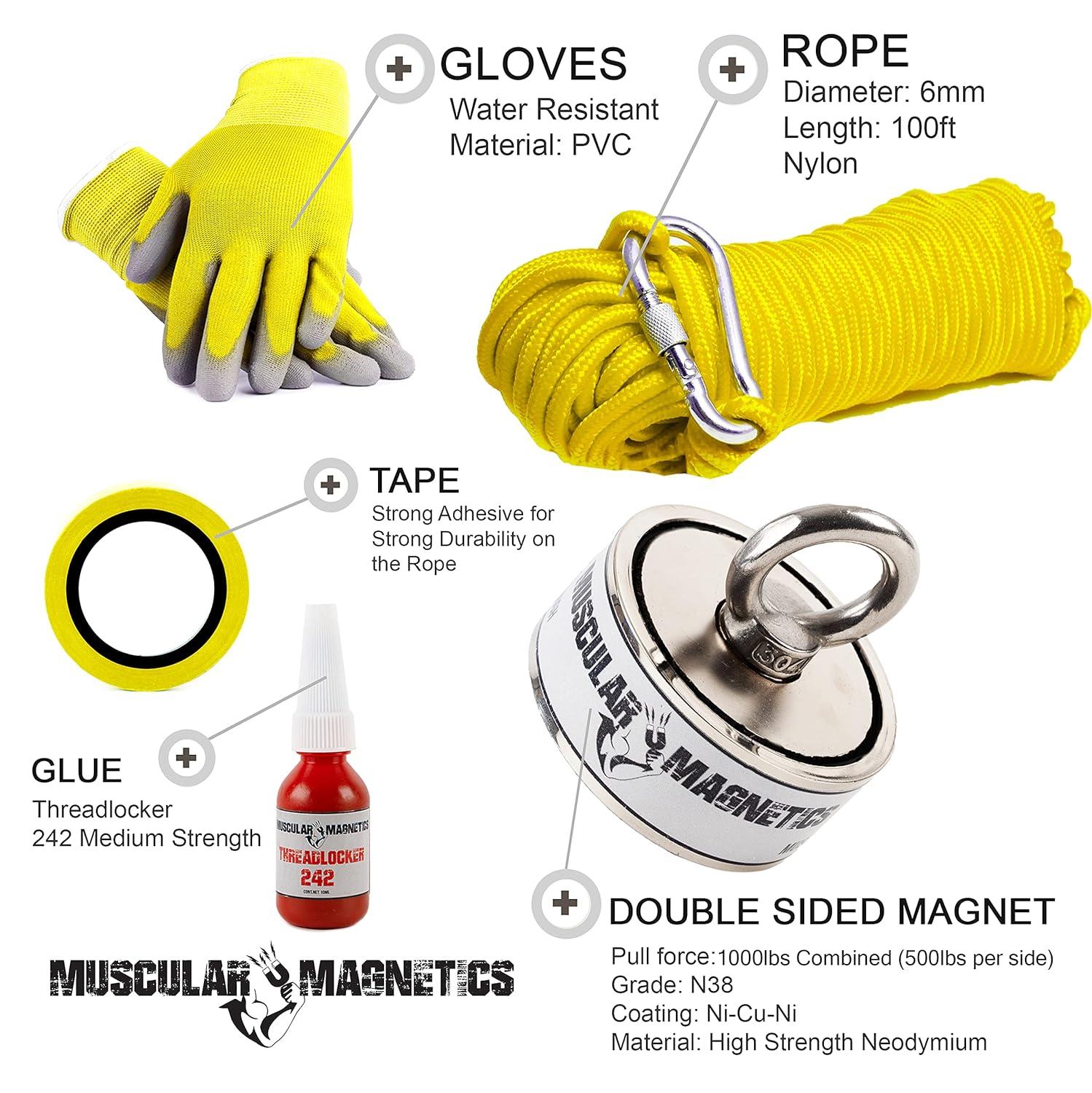1000lb Double Sided Fishing Magnet Bundle Pack - Includes 6mm 100ft High  Strength Nylon Rope with Carabiner Non-Slip Rubber Gloves Threadlocker Tape  & Double Sided (Complete Kit) 1000lb Double Sided Magnet Fishing