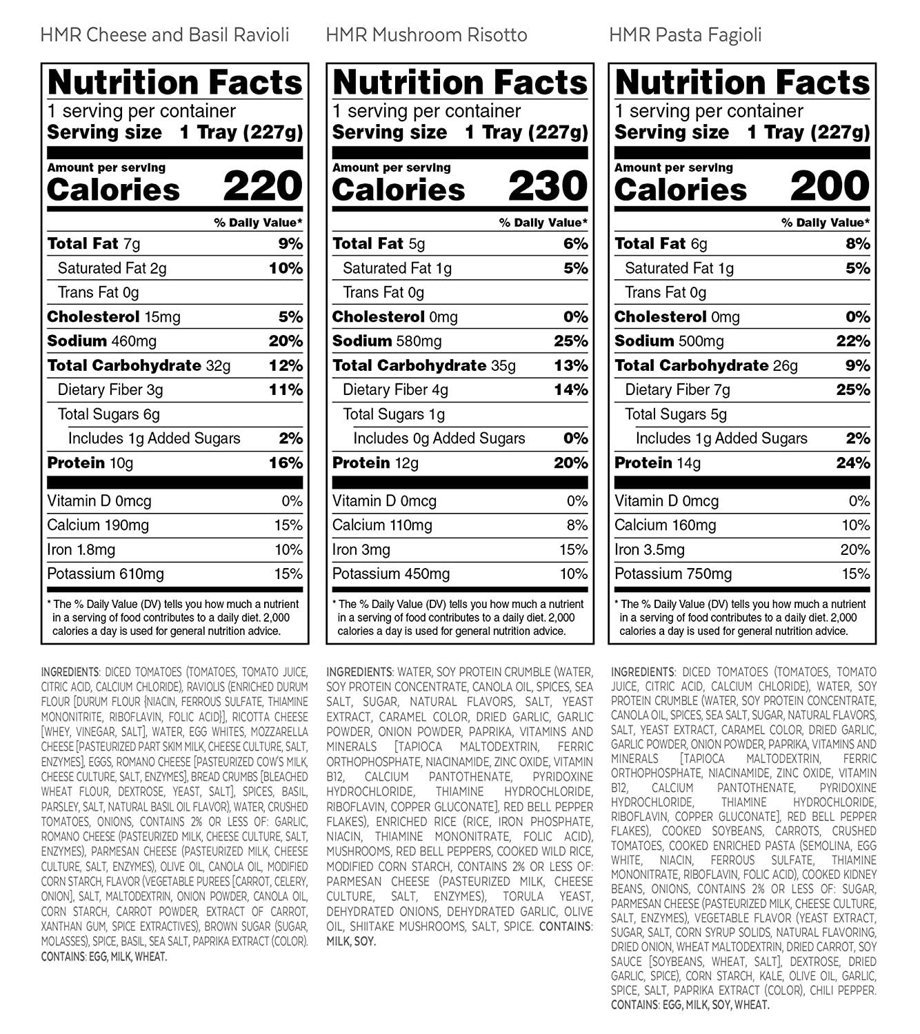 HMR Vegetarian Medley Entree Variety Pack Cheese and Basil Ravioli