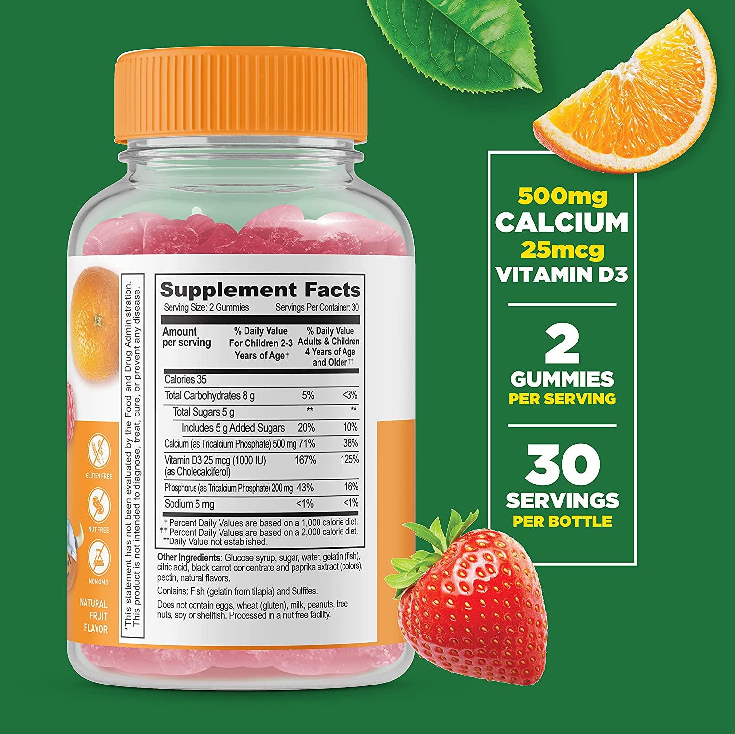 Lifeable Calcium 500 mg with Vitamin D3 1000 IU Gummies for ...