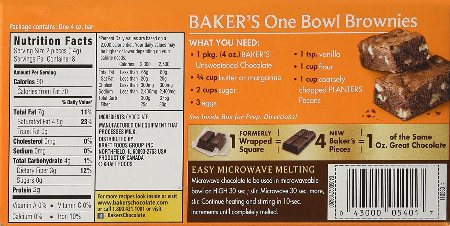 Baker's Unsweetened Baking Chocolate Bar 4 Oz Pack of 4, 4 Count