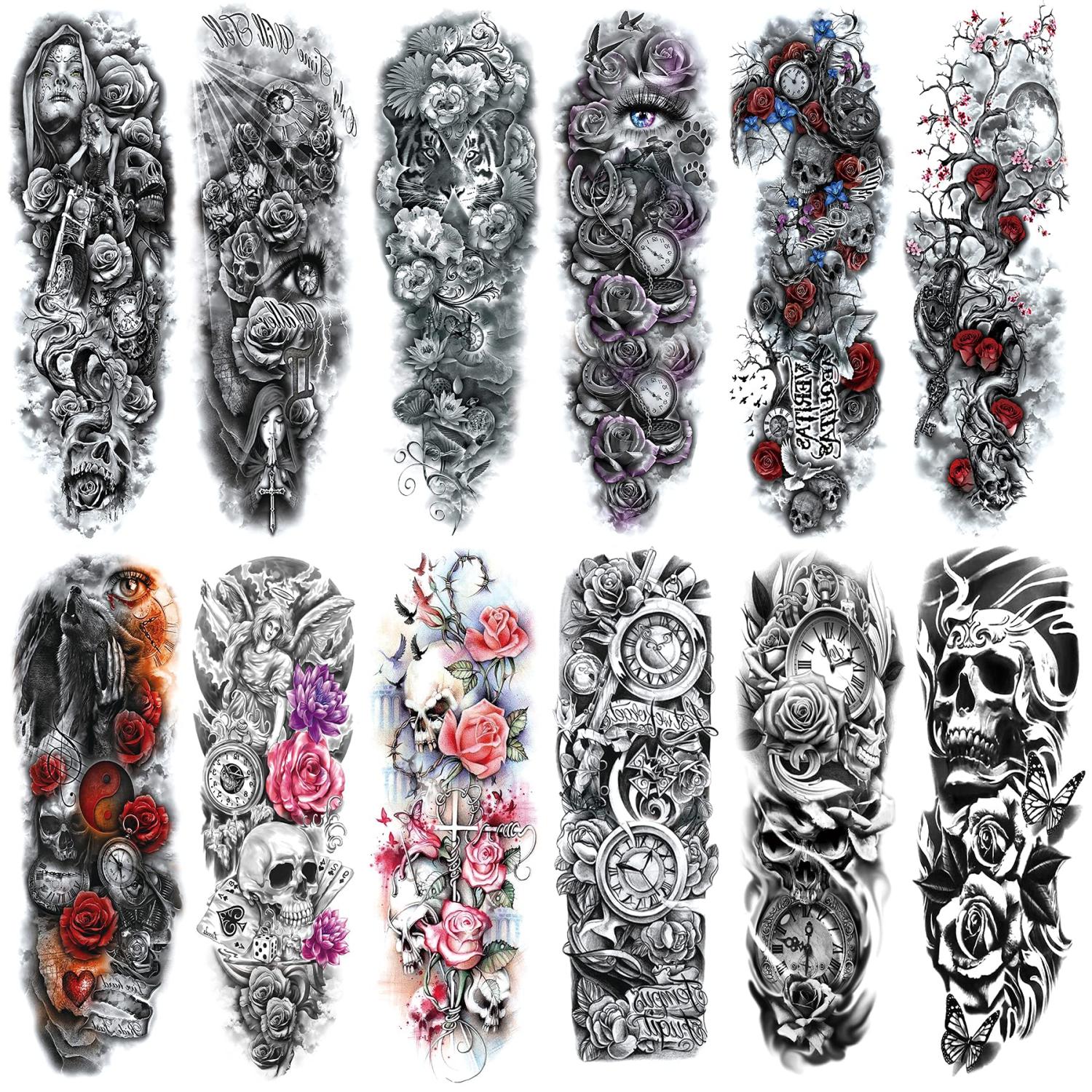 Skull Sleeve Tattoo Stickers Full Arm Temporary Tattoos for Adults