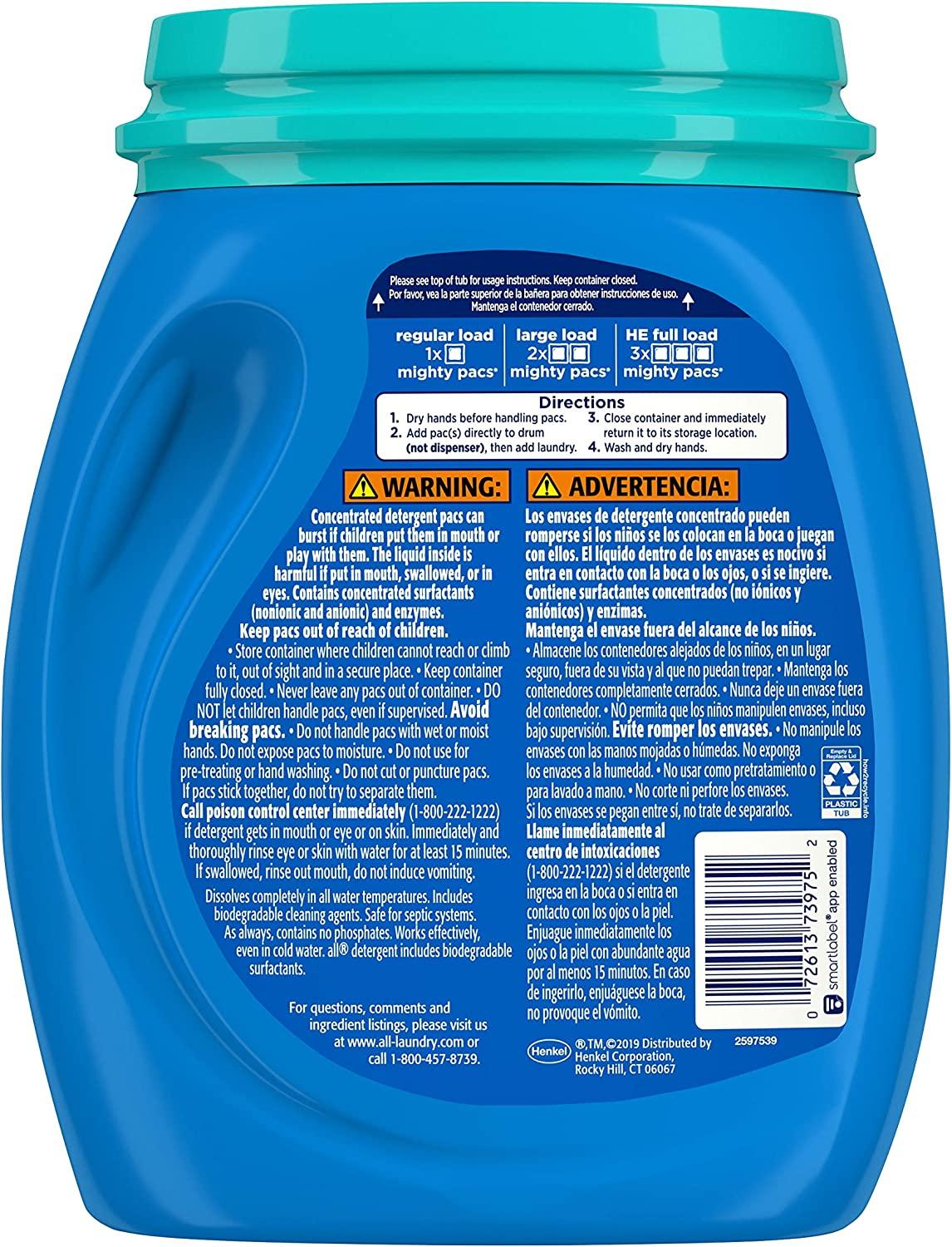 all Mighty Pacs Laundry Detergent 4In1 with Odor Lifter, Tub, 60