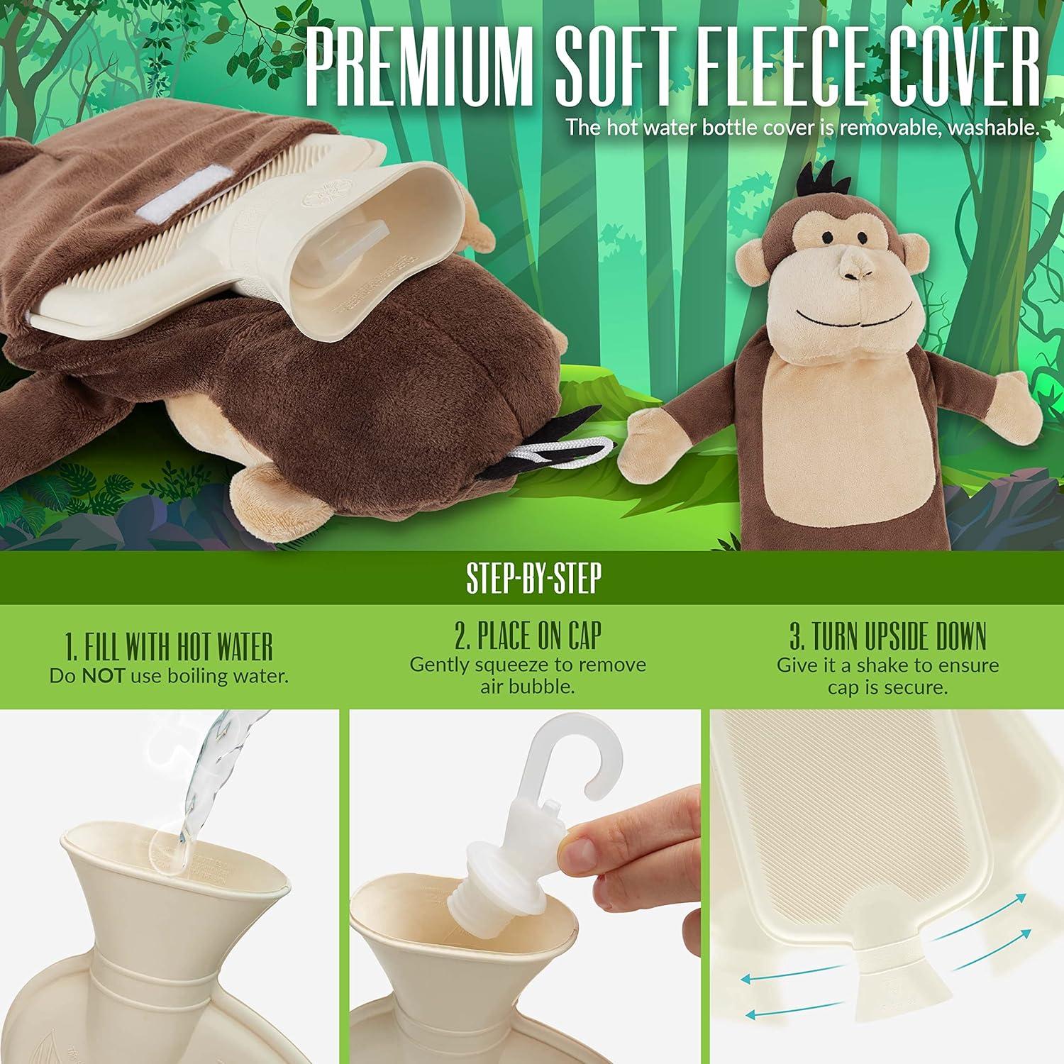 Hot Water Bottle with Sloth or Monkey Fleece Cover 1 Litre Capacity